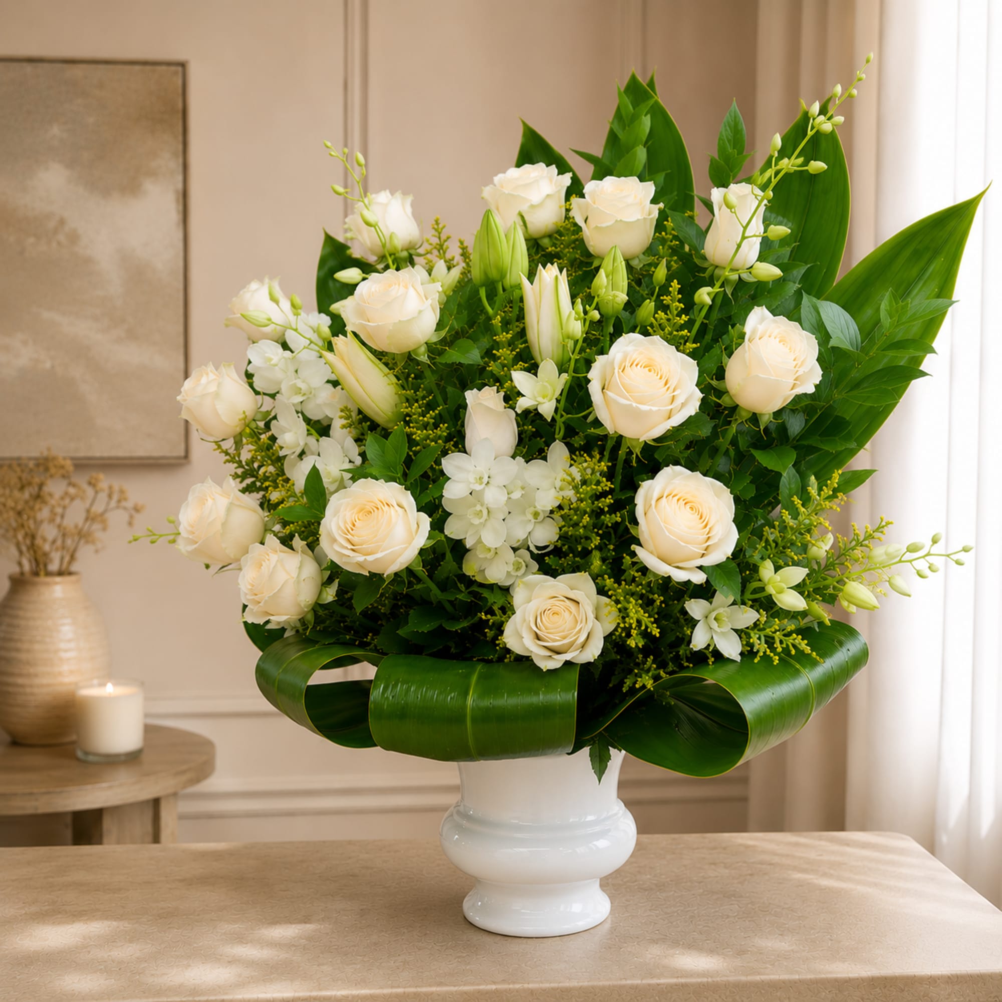 White roses and orchids arranged in a white vase with broad green leaves.