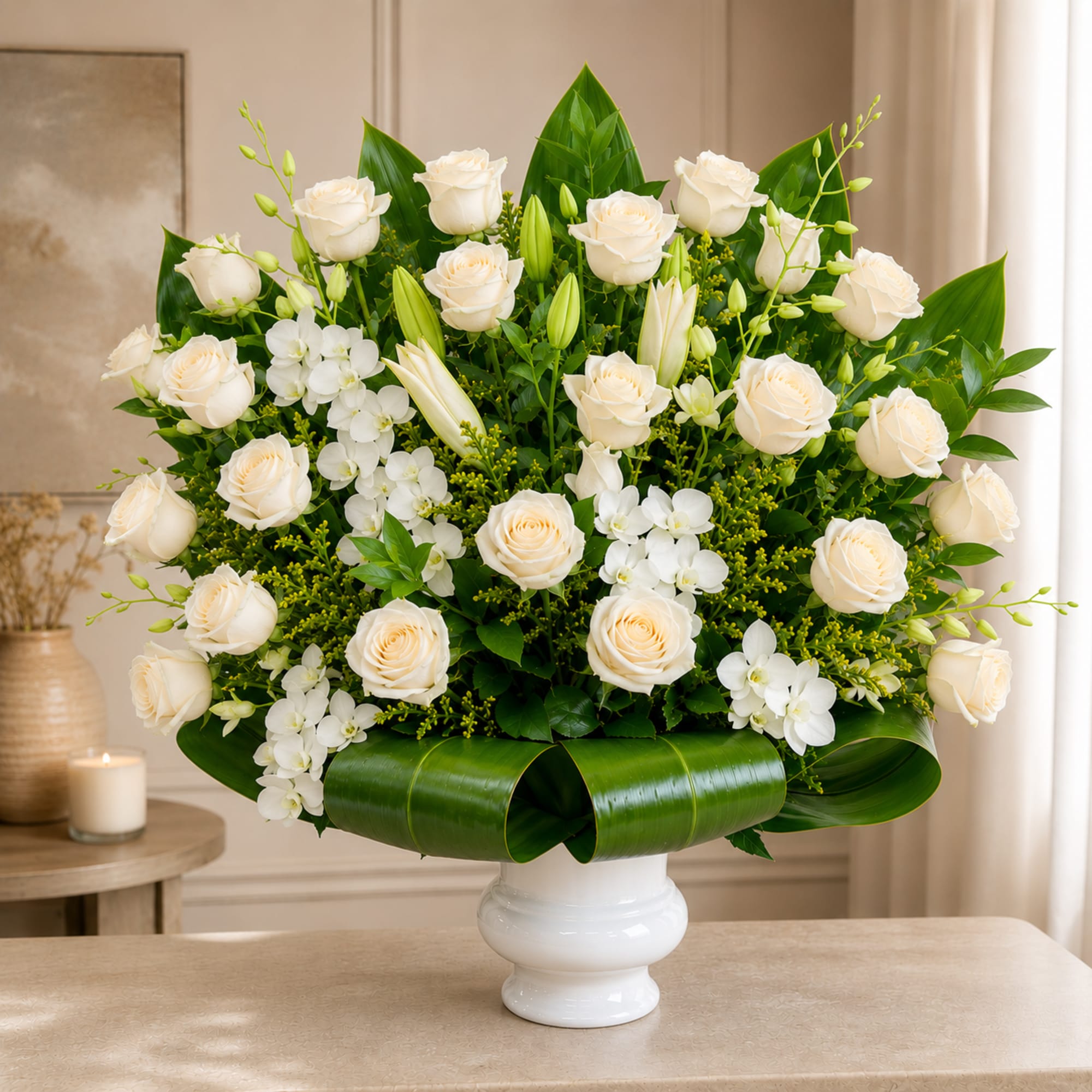 White roses and orchids arranged in a white vase with broad green leaves