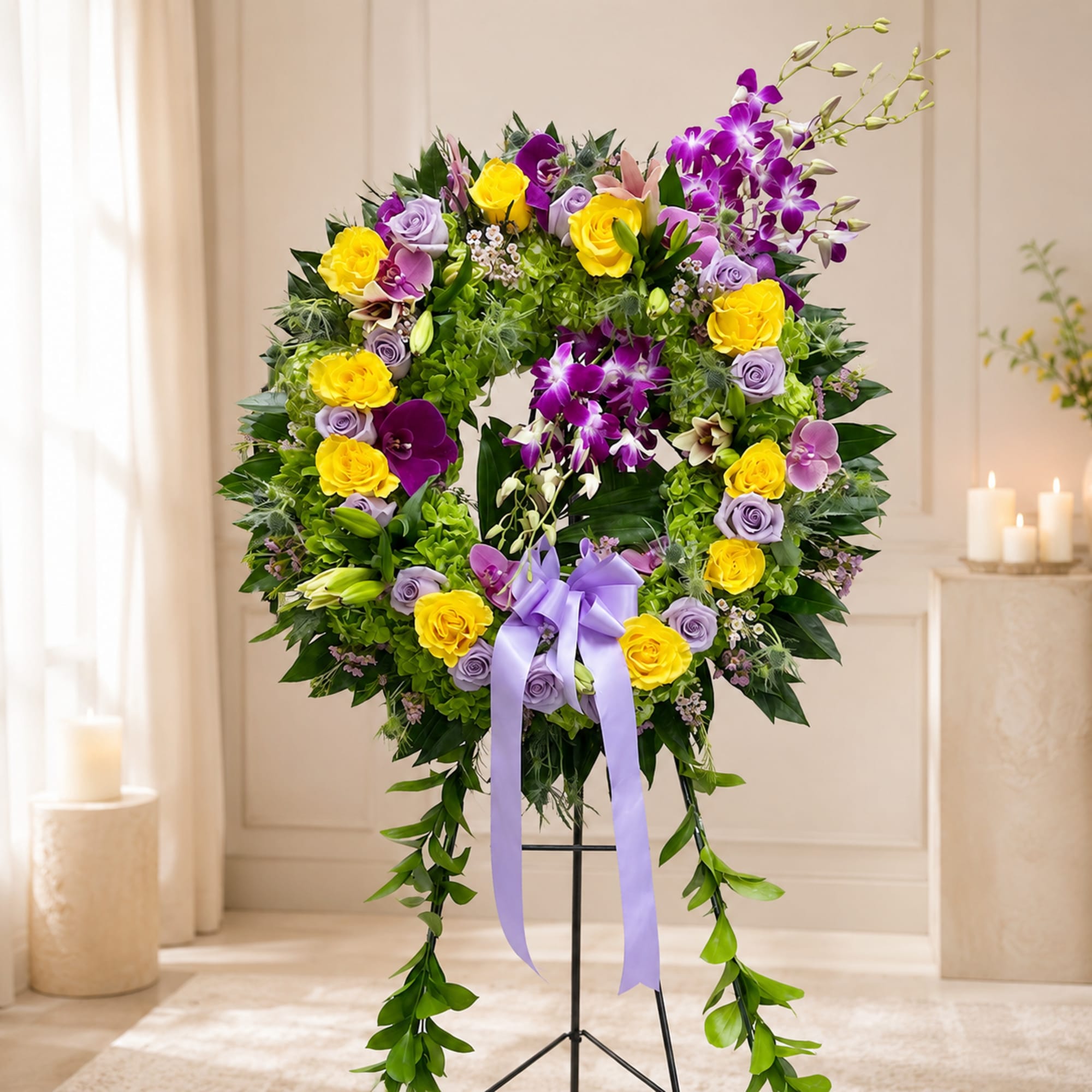 Large floral wreath with yellow and lavender roses and purple orchids on a stand