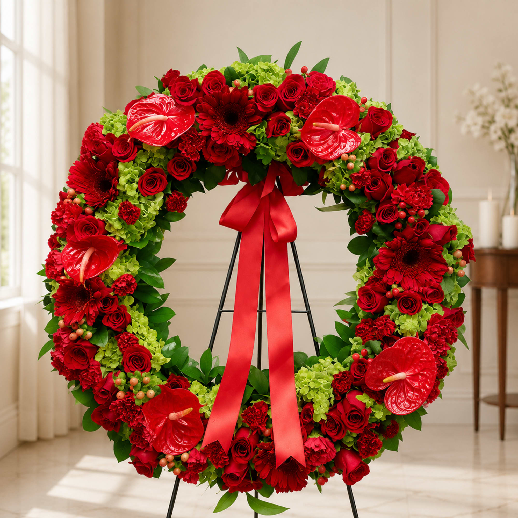 Red floral wreath with roses, gerbera daisies, and an easel ribbon