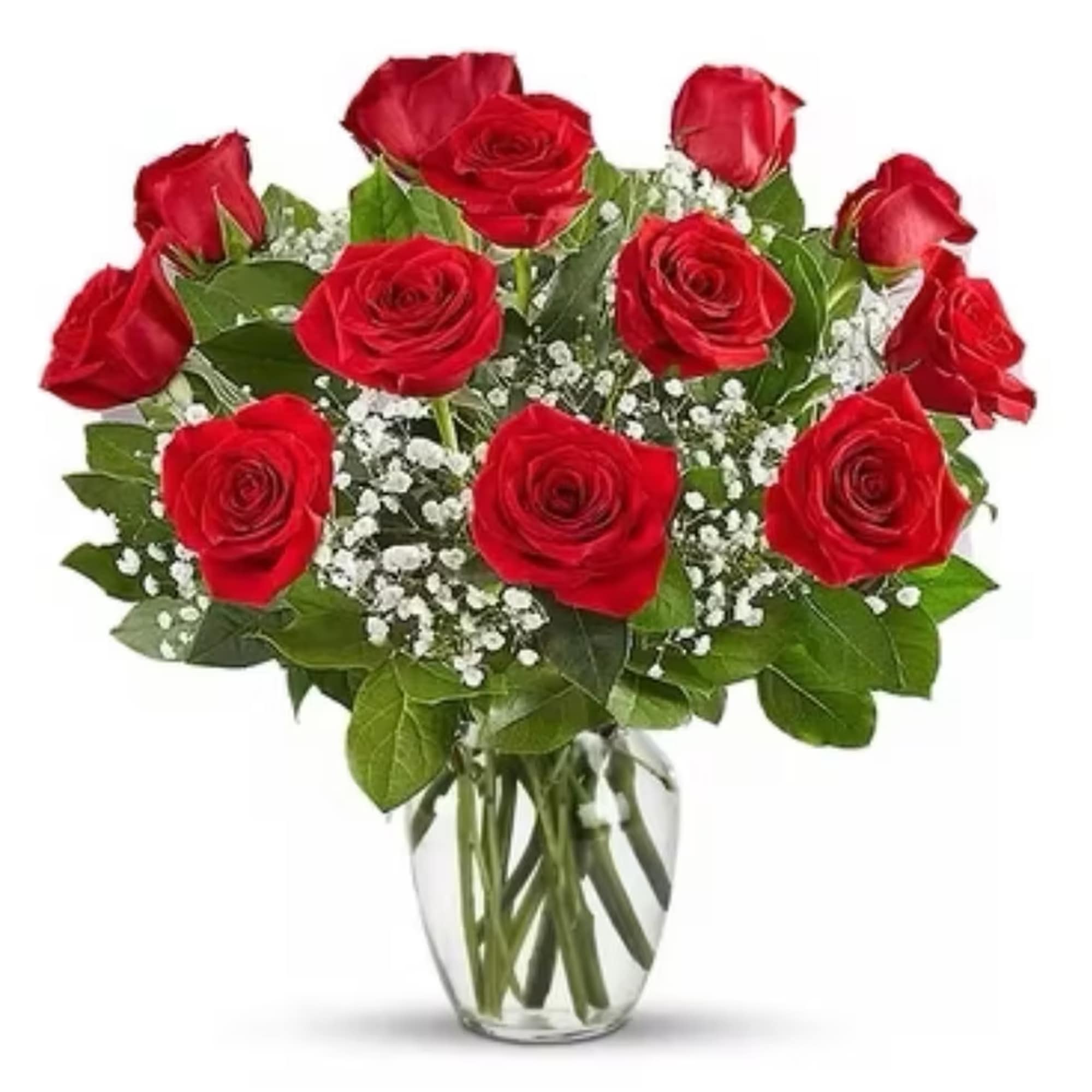Bouquet of red roses in a clear glass vase