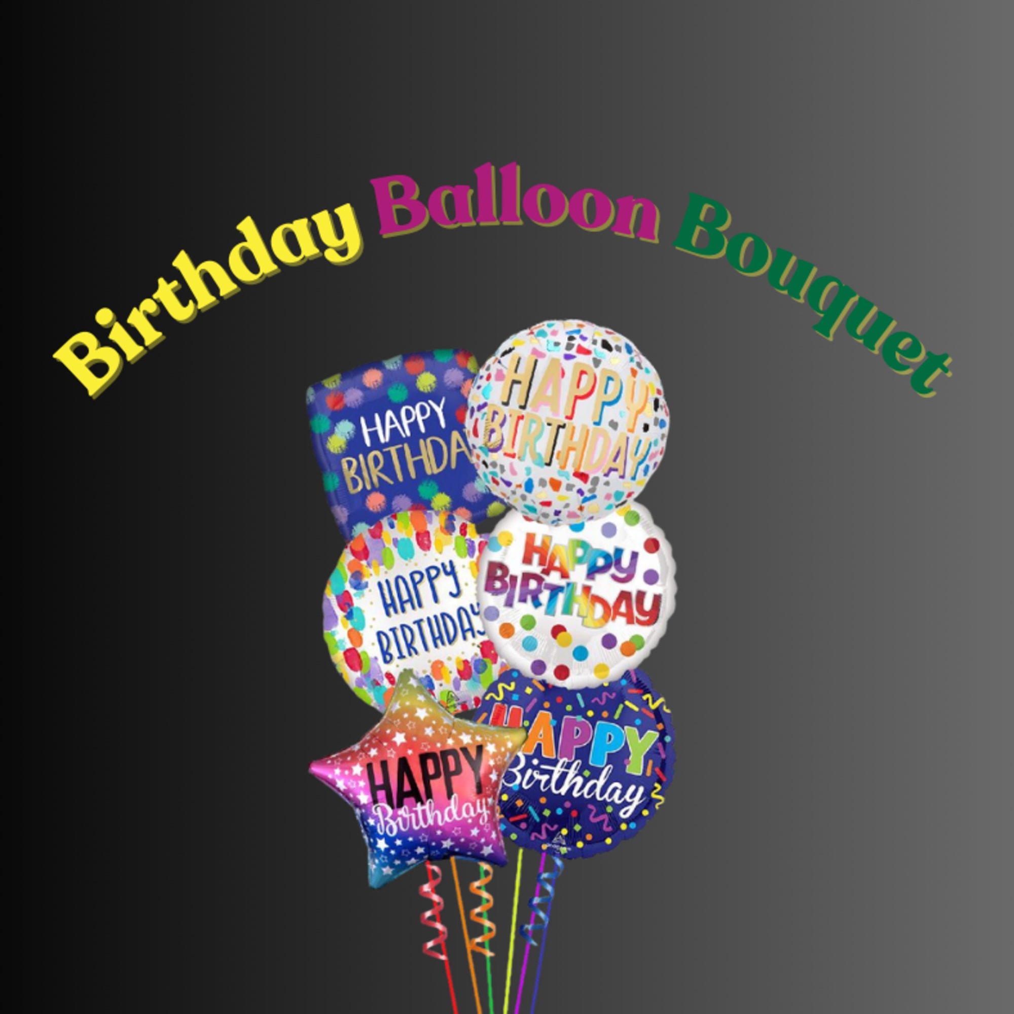 Cluster of birthday balloons with colorful "Happy Birthday" designs