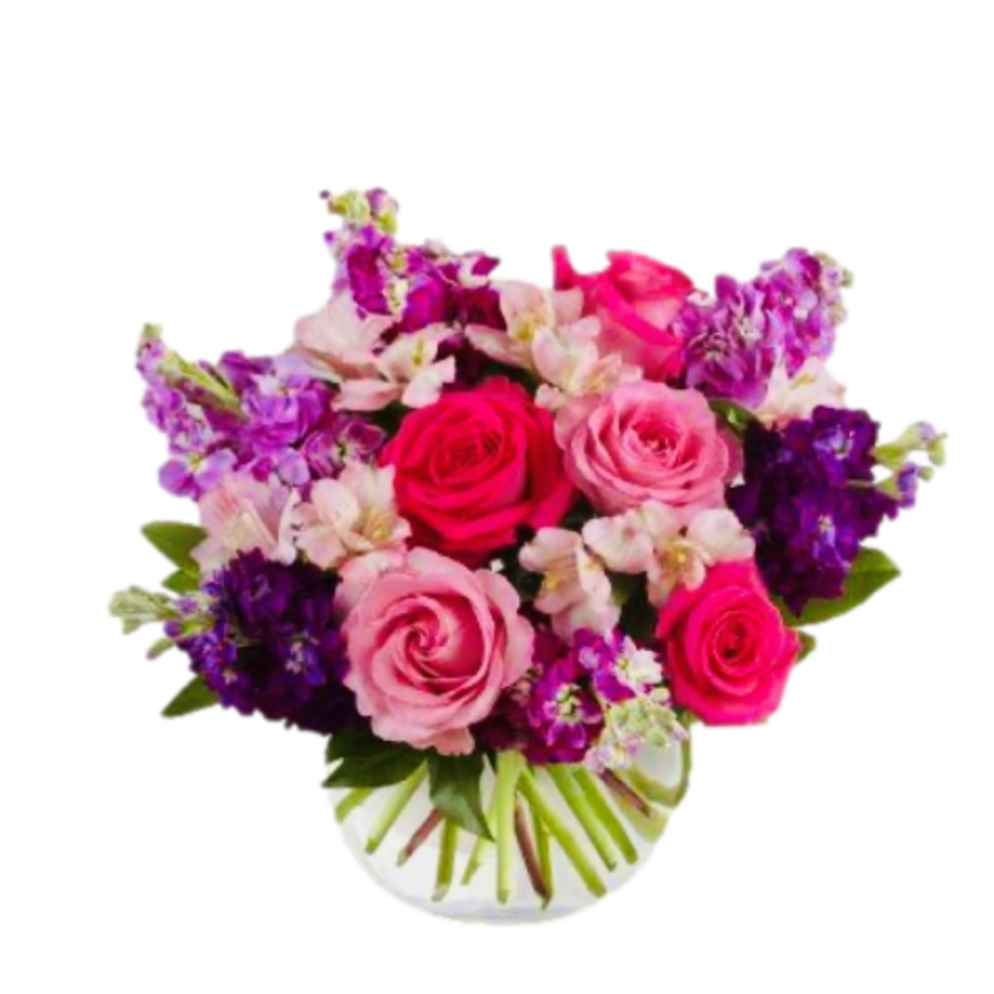 Bouquet of pink and purple roses with small white flowers in a white vase