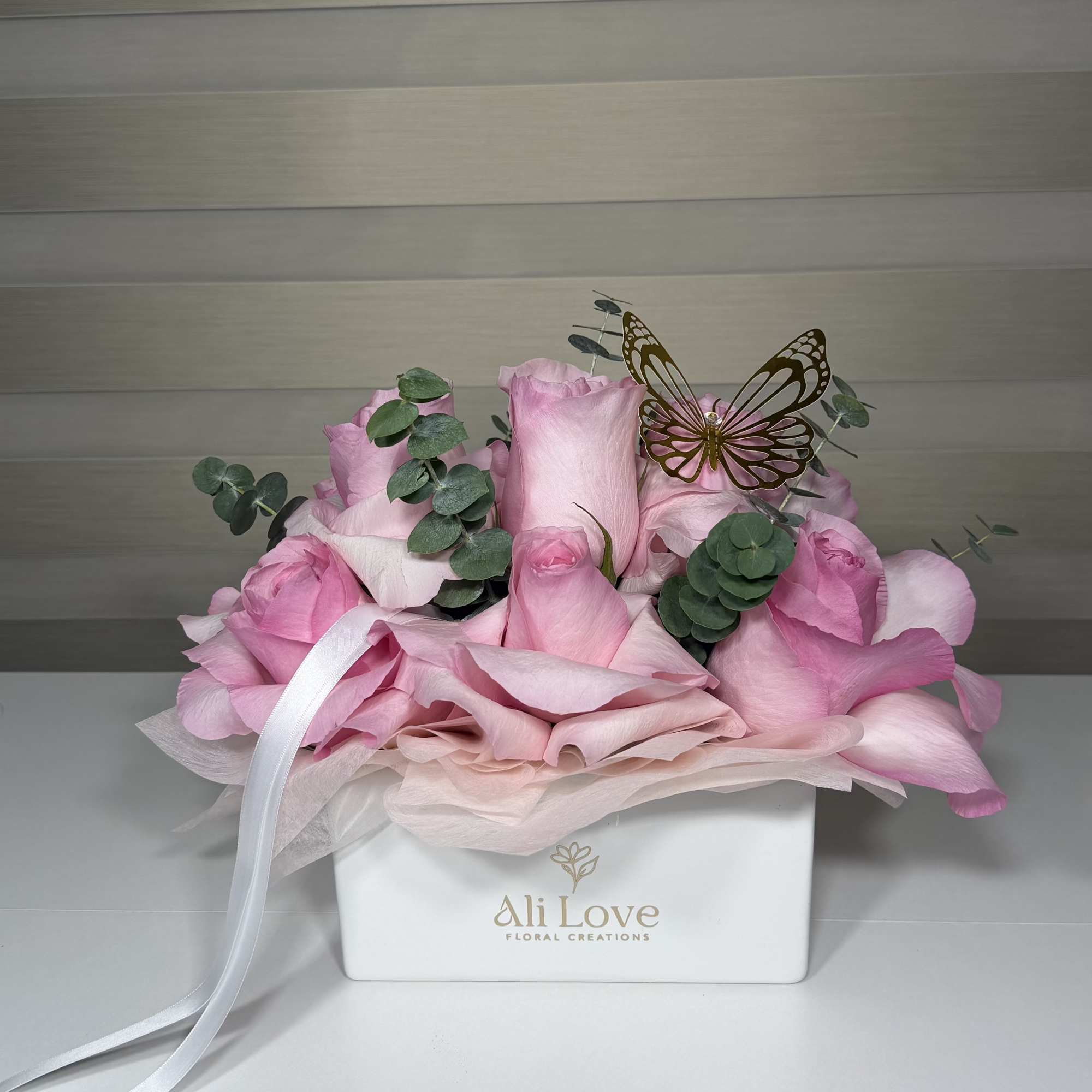 Luxury blush pink rose flower box handcrafted with premium fresh roses and