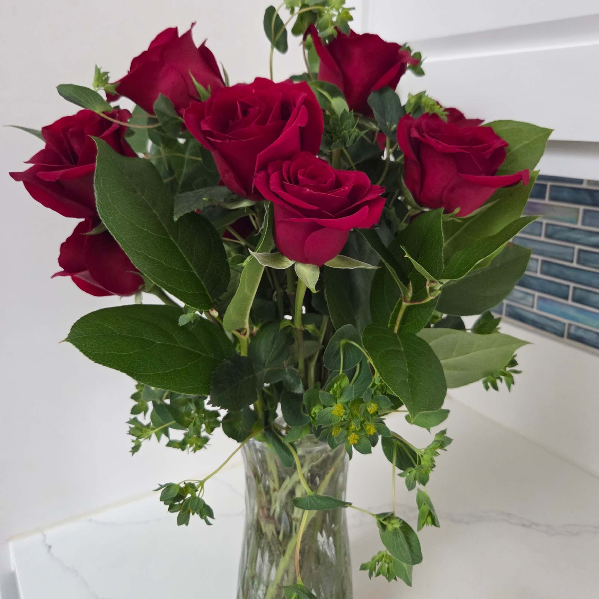 A classic! Contains one dozen long stemmed red roses and green filler.