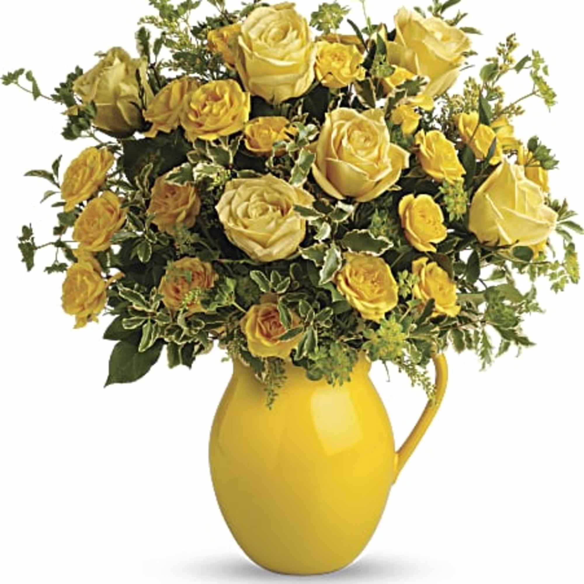 Yellow rose bouquet in a yellow pitcher vase