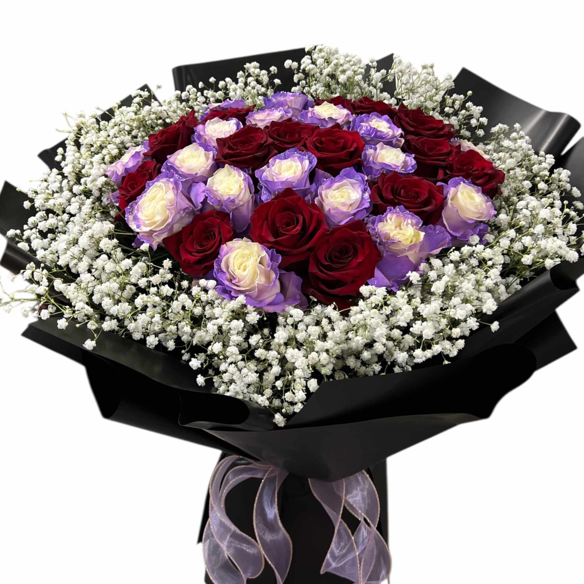 Special bouquet 33 stems with misty purple &amp; red roses 