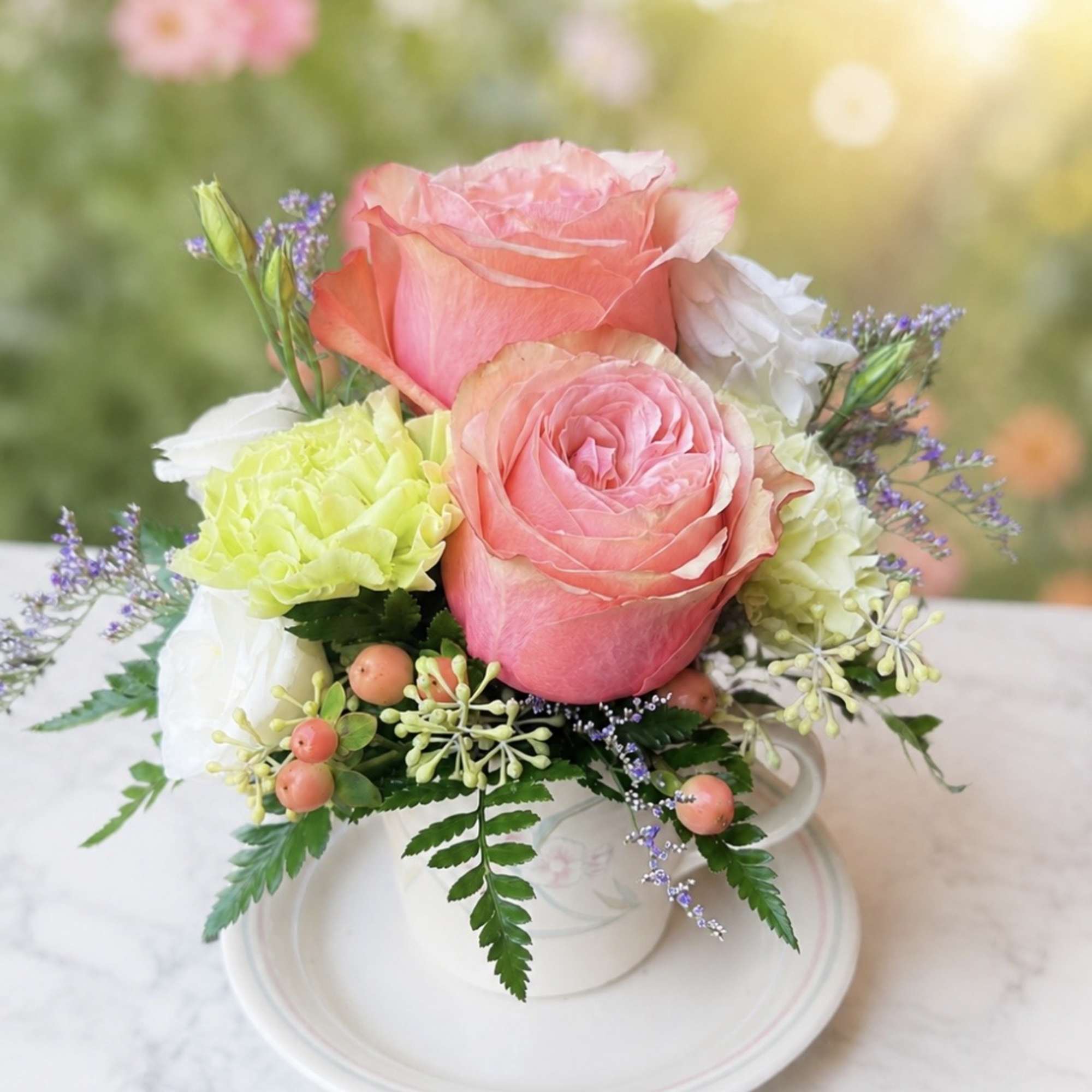 Pink roses and pale green carnations in a white teacup arrangement
