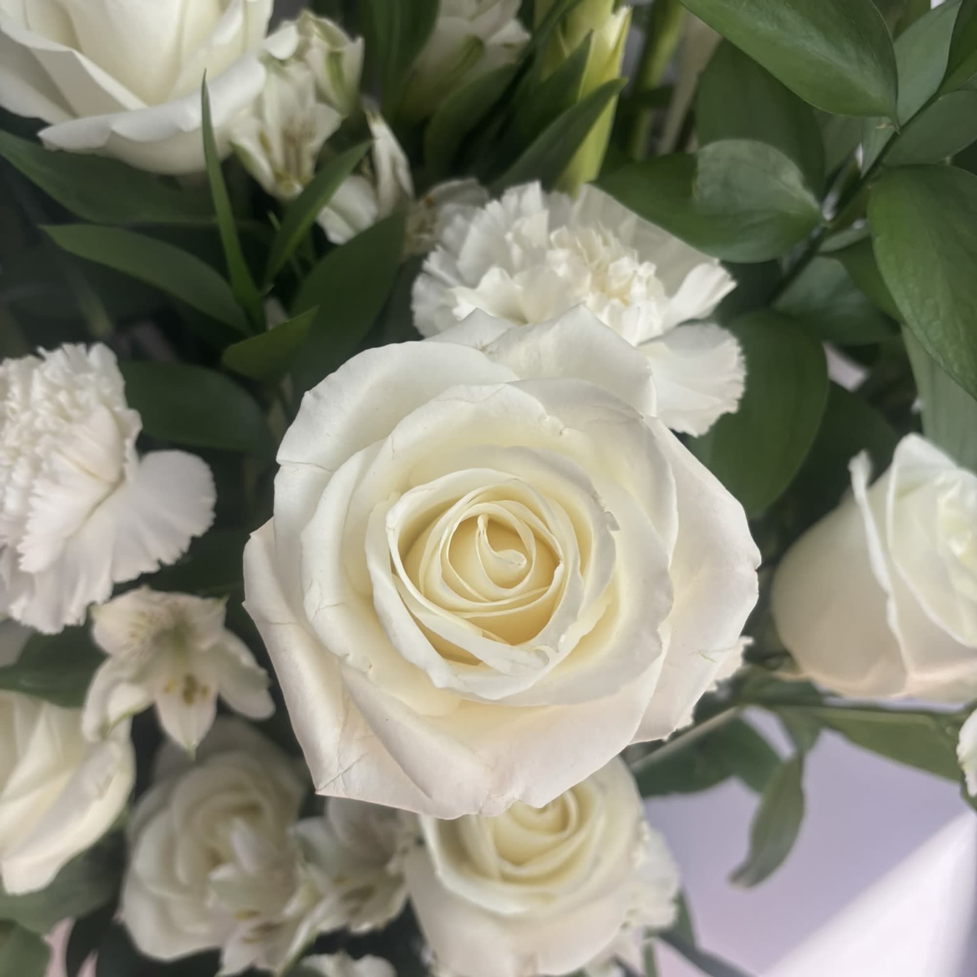 White roses and carnations arranged with greenery in a vase