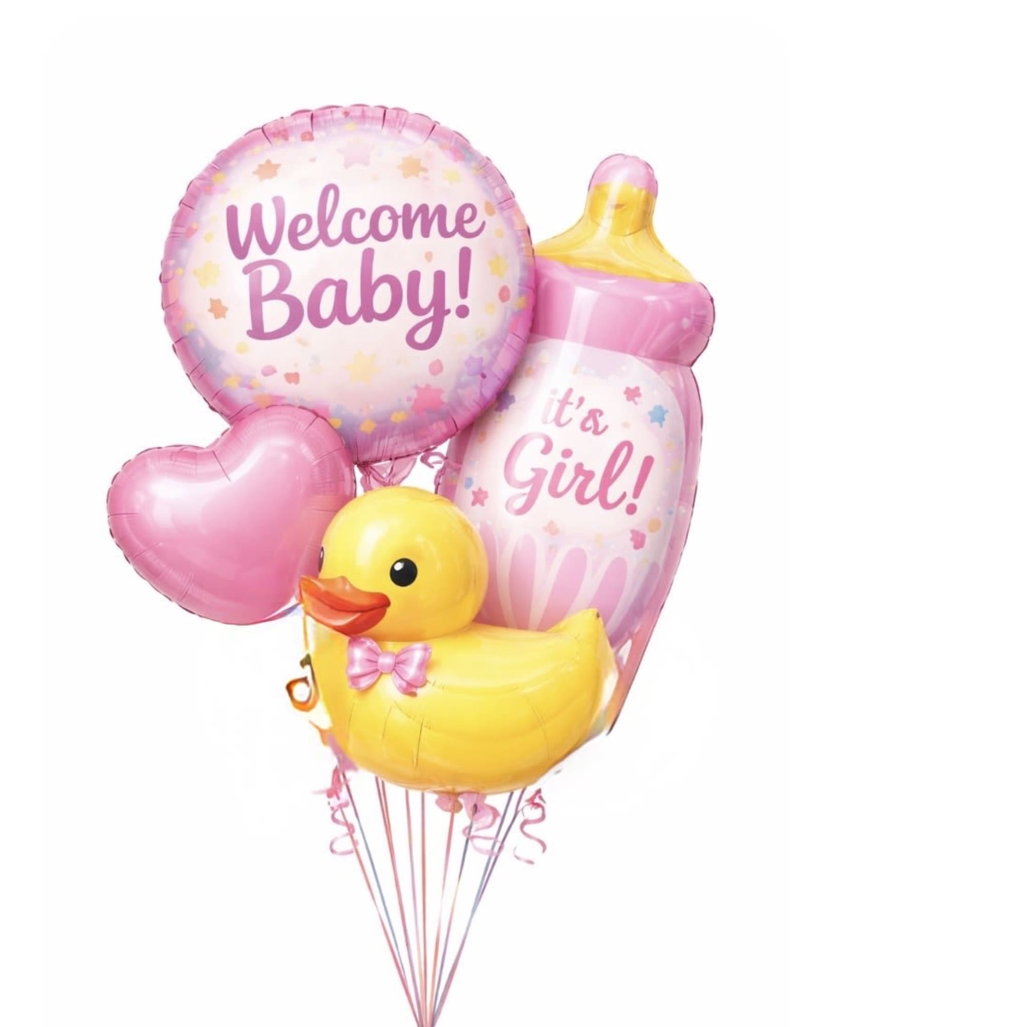 This playful Baby Girl  Balloon Bouquet features a &ldquo;Welcome Baby&rdquo; balloon