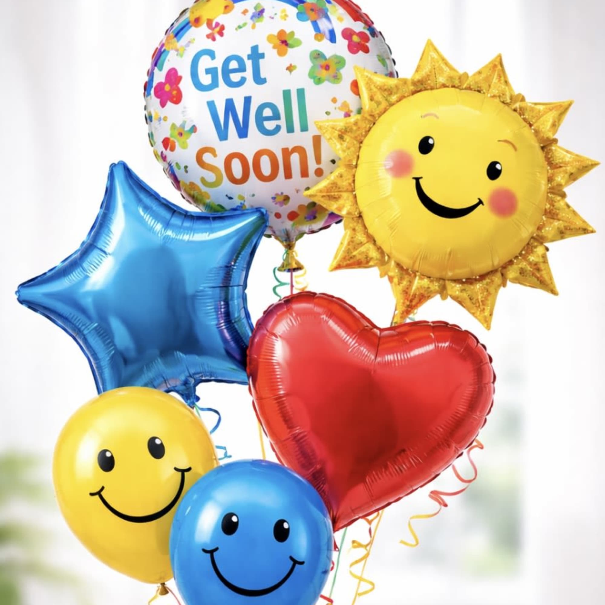 Cluster of colorful get-well balloons with smiley faces and heart and star shapes