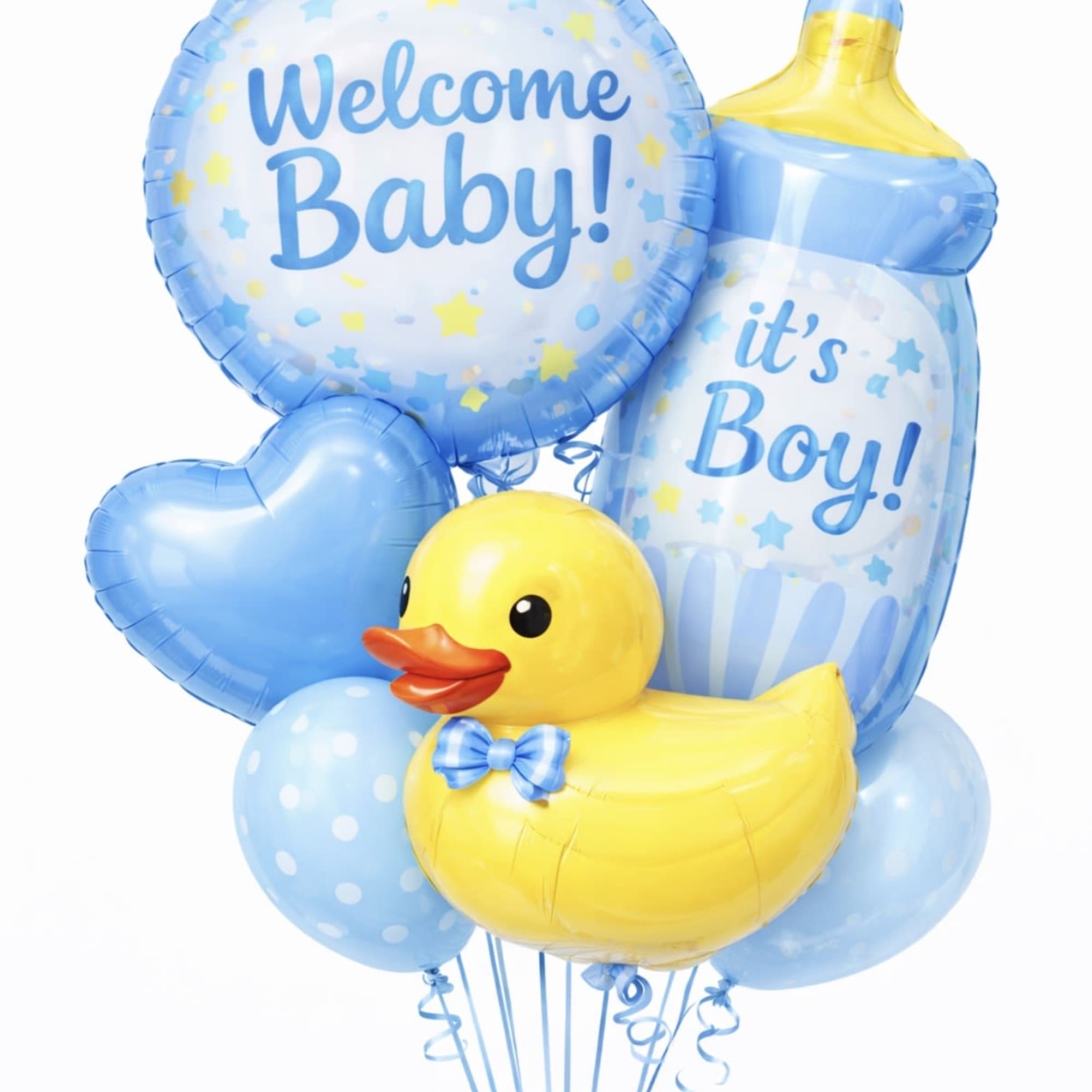 Blue and yellow baby shower balloons with a duck and welcome messages
