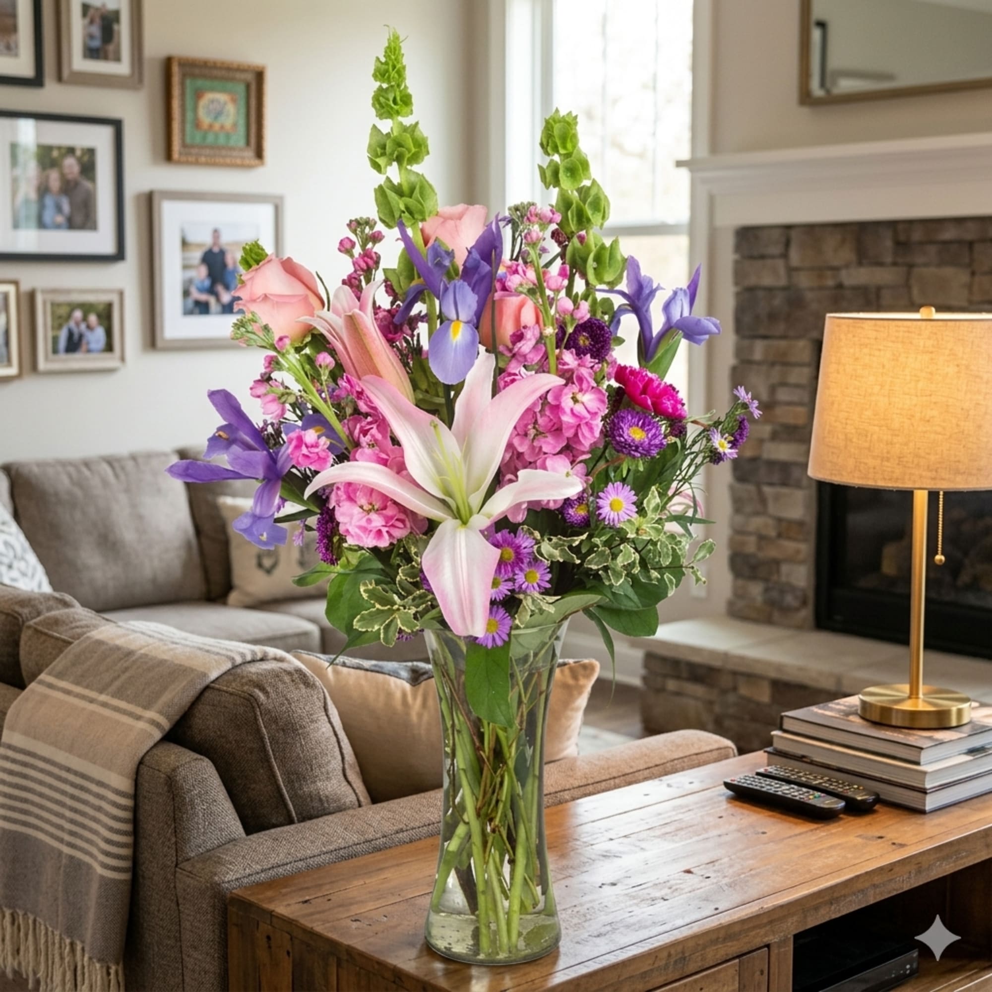 Large pink lilies crown this tall, garden-style arrangement-an immediate showstopper for a