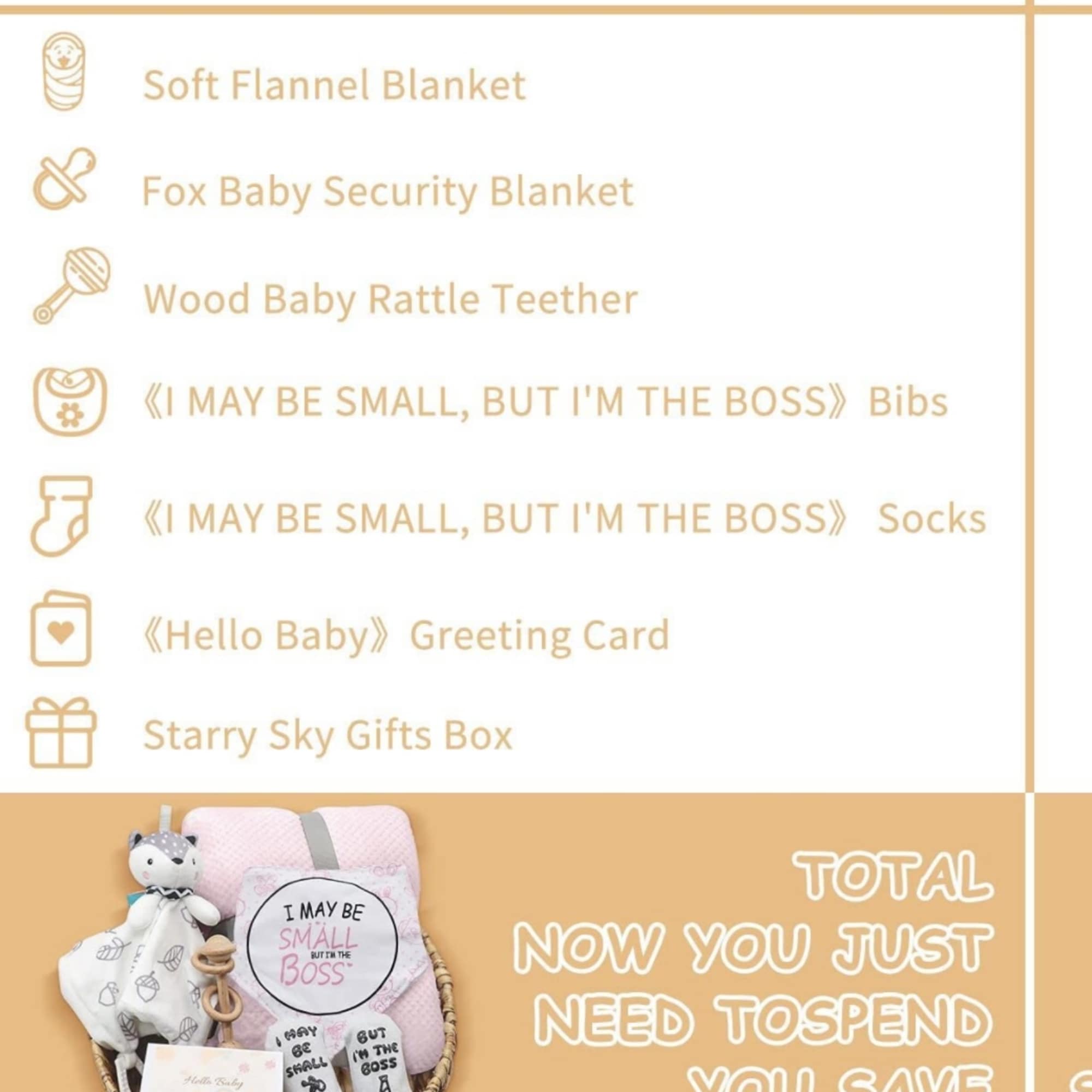 Baby gift basket with blanket, plush toy, bib, socks, card, and box