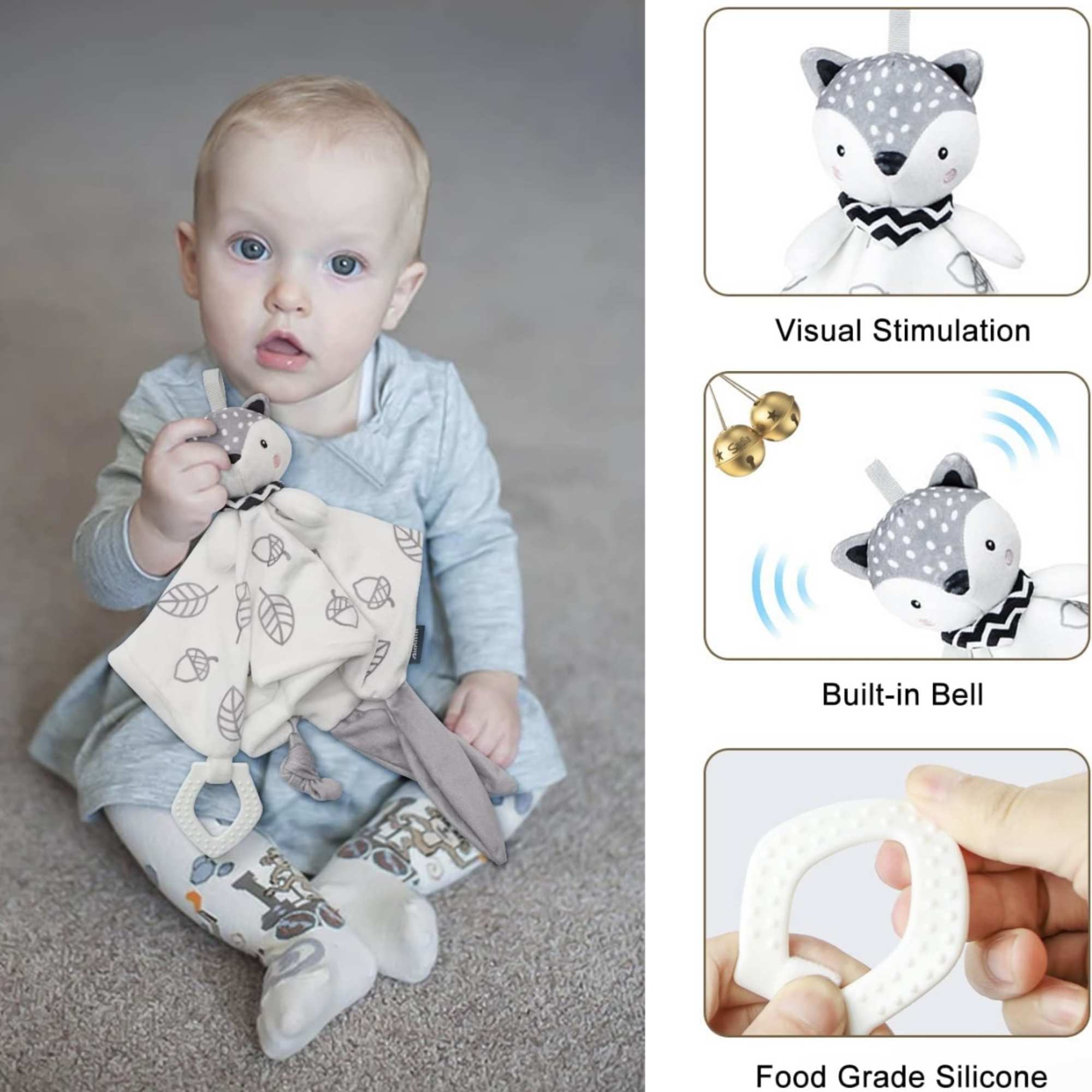 Baby holding a gray fox plush toy with a blanket