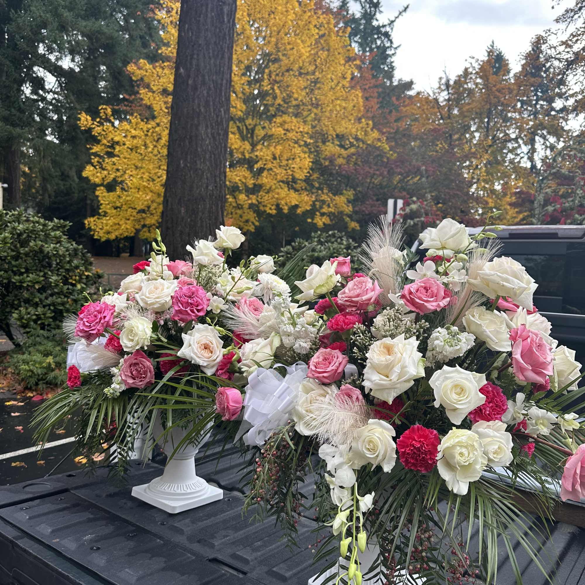 Two large pink and white rose arrangements in white urns on a truck bed
