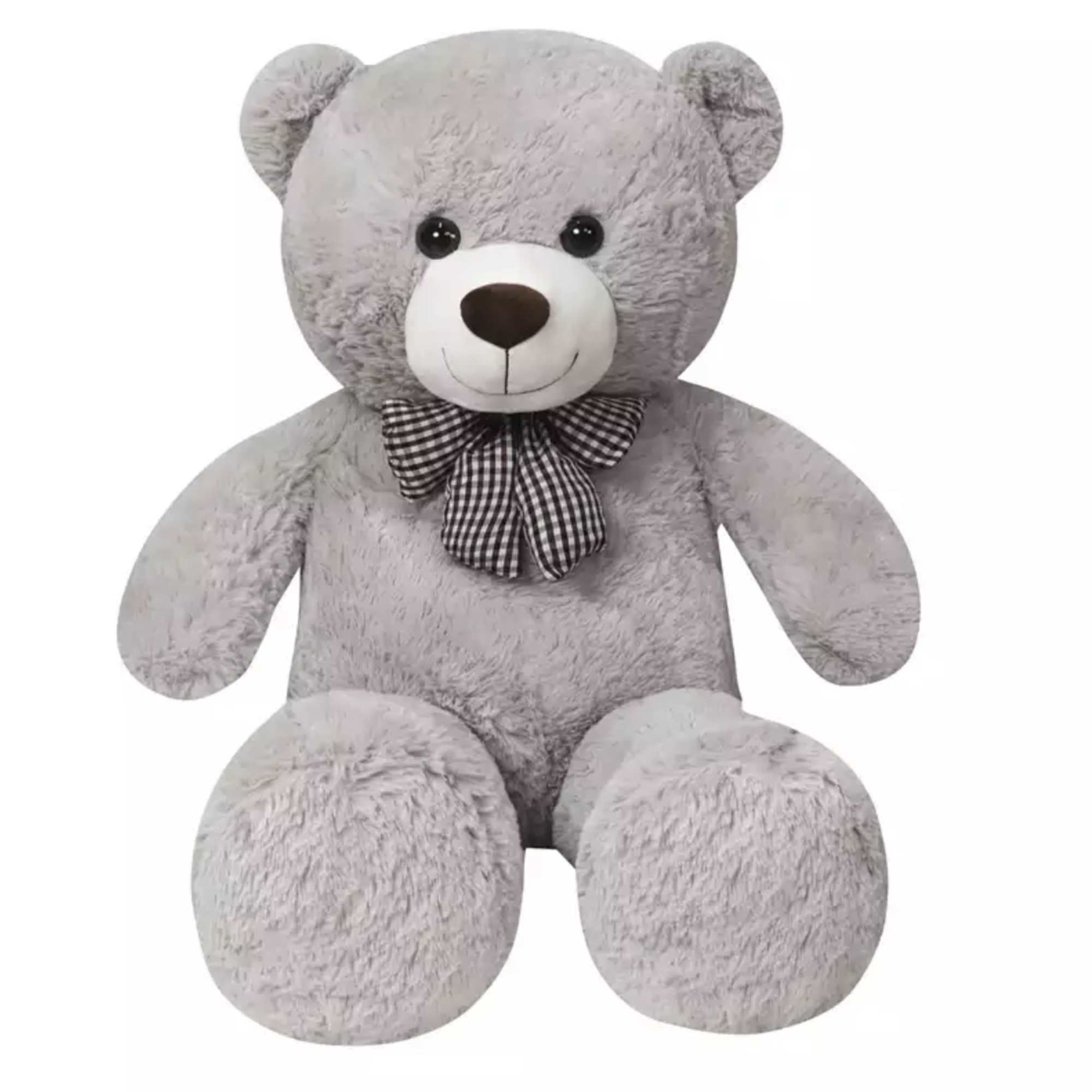 Gray teddy bear with a checkered bow tie