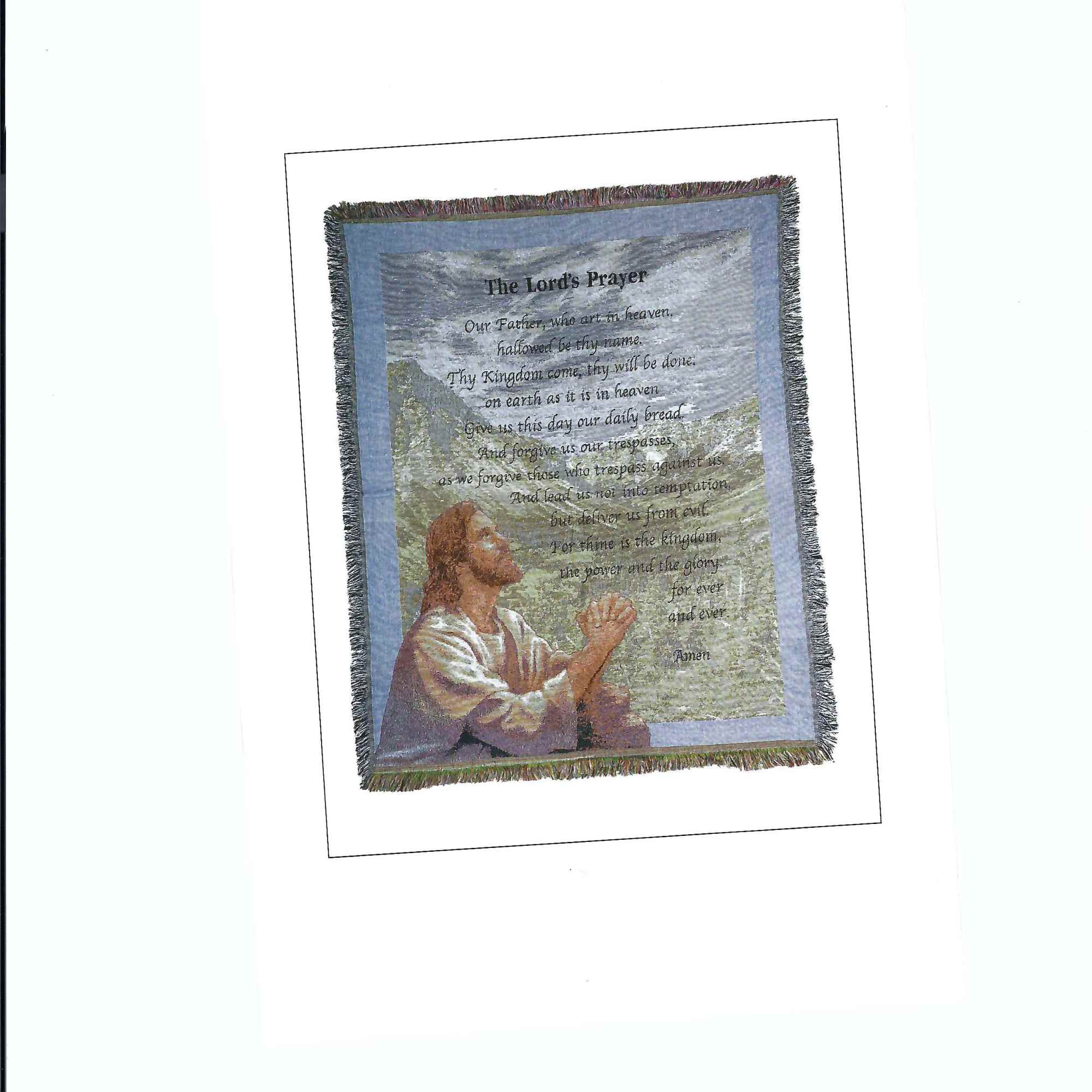 Framed wall hanging with The Lord's Prayer and a praying figure