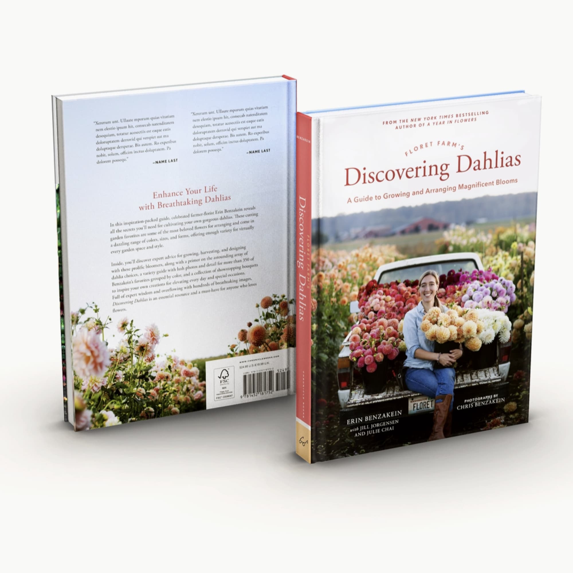 Two copies of a dahlia gardening book, one showing the front cover and one the back.