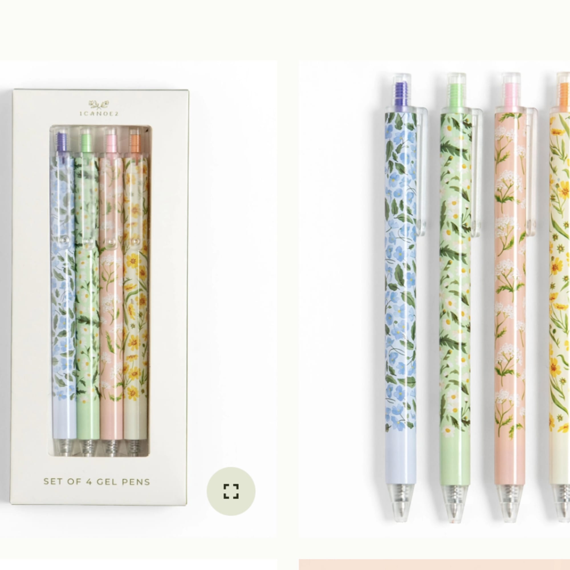 Set of four floral-pattern gel pens in a box