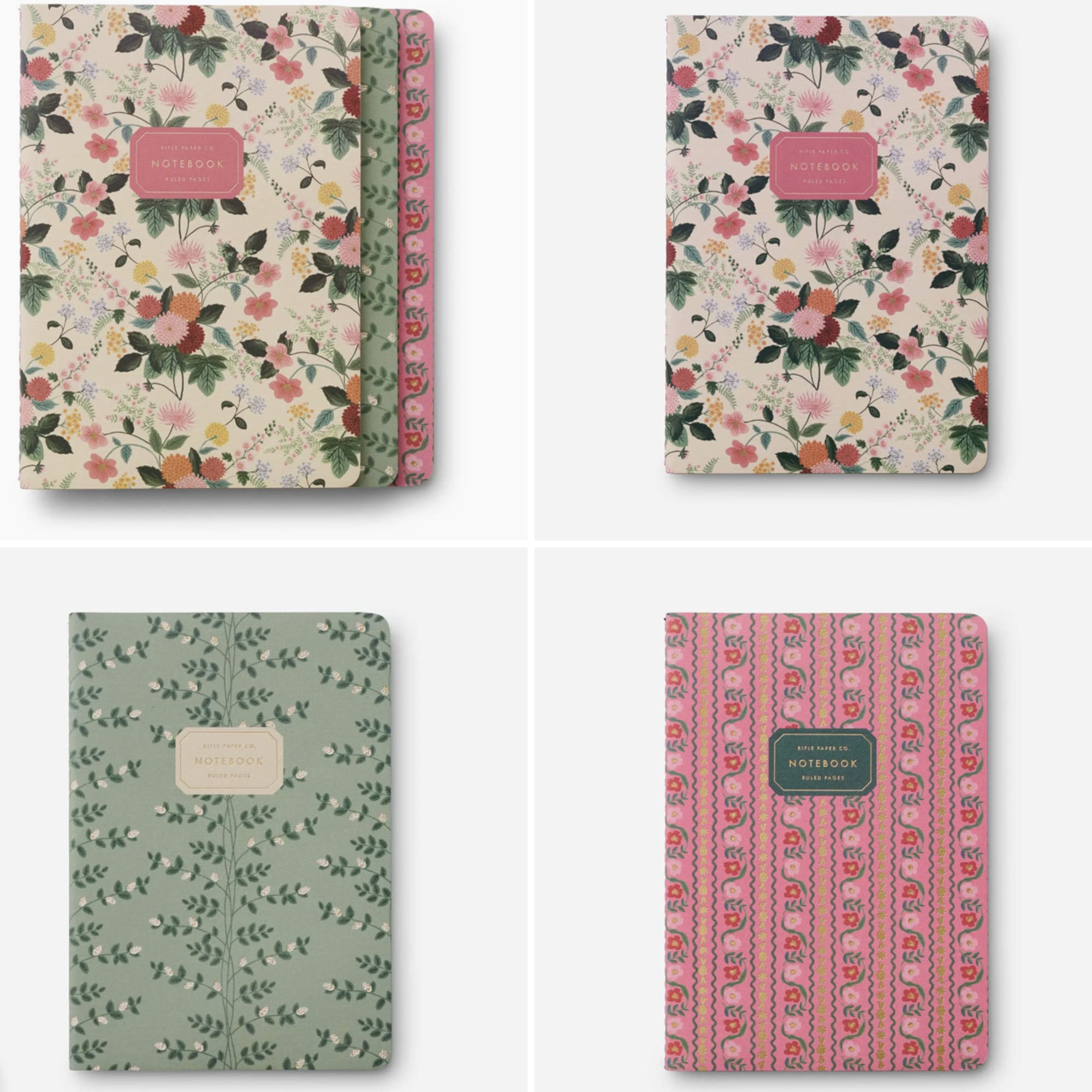 Four floral-patterned notebooks arranged in a grid