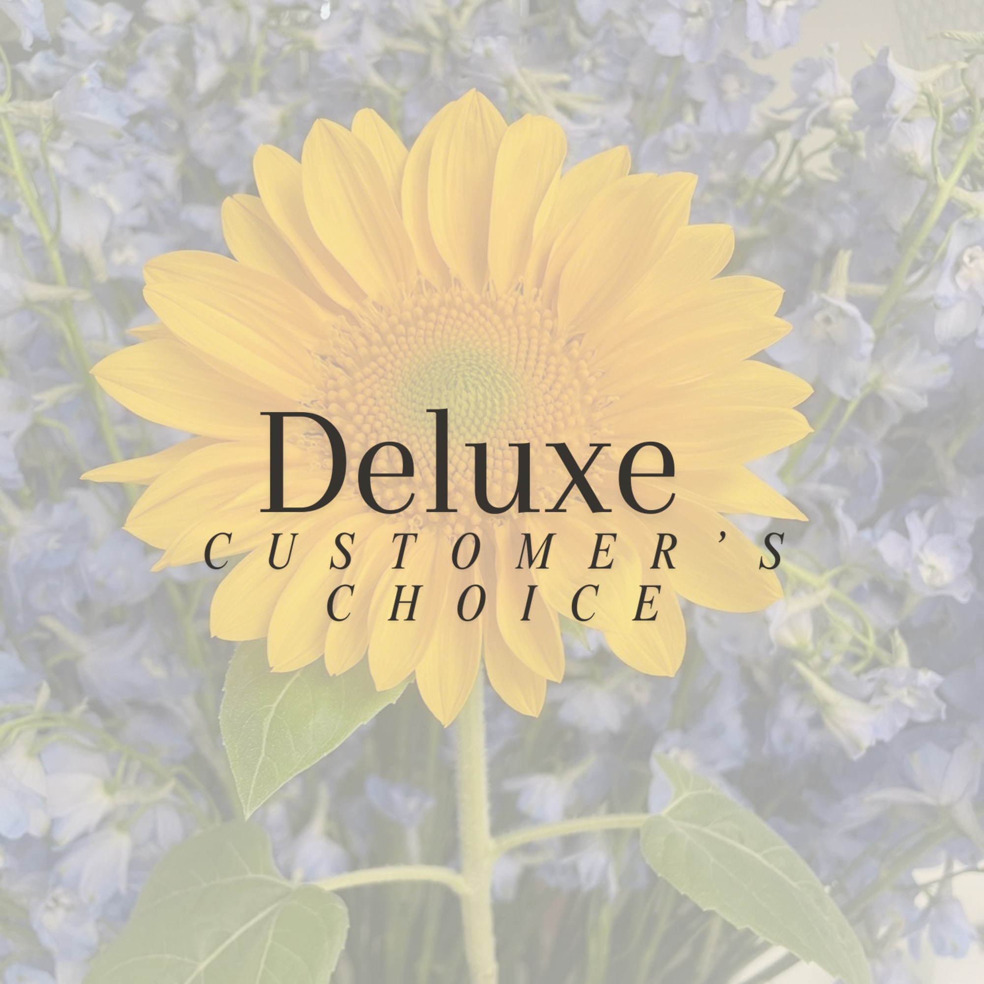Close-up of a yellow sunflower with soft blue flowers behind and the text Deluxe Customer's Choice.