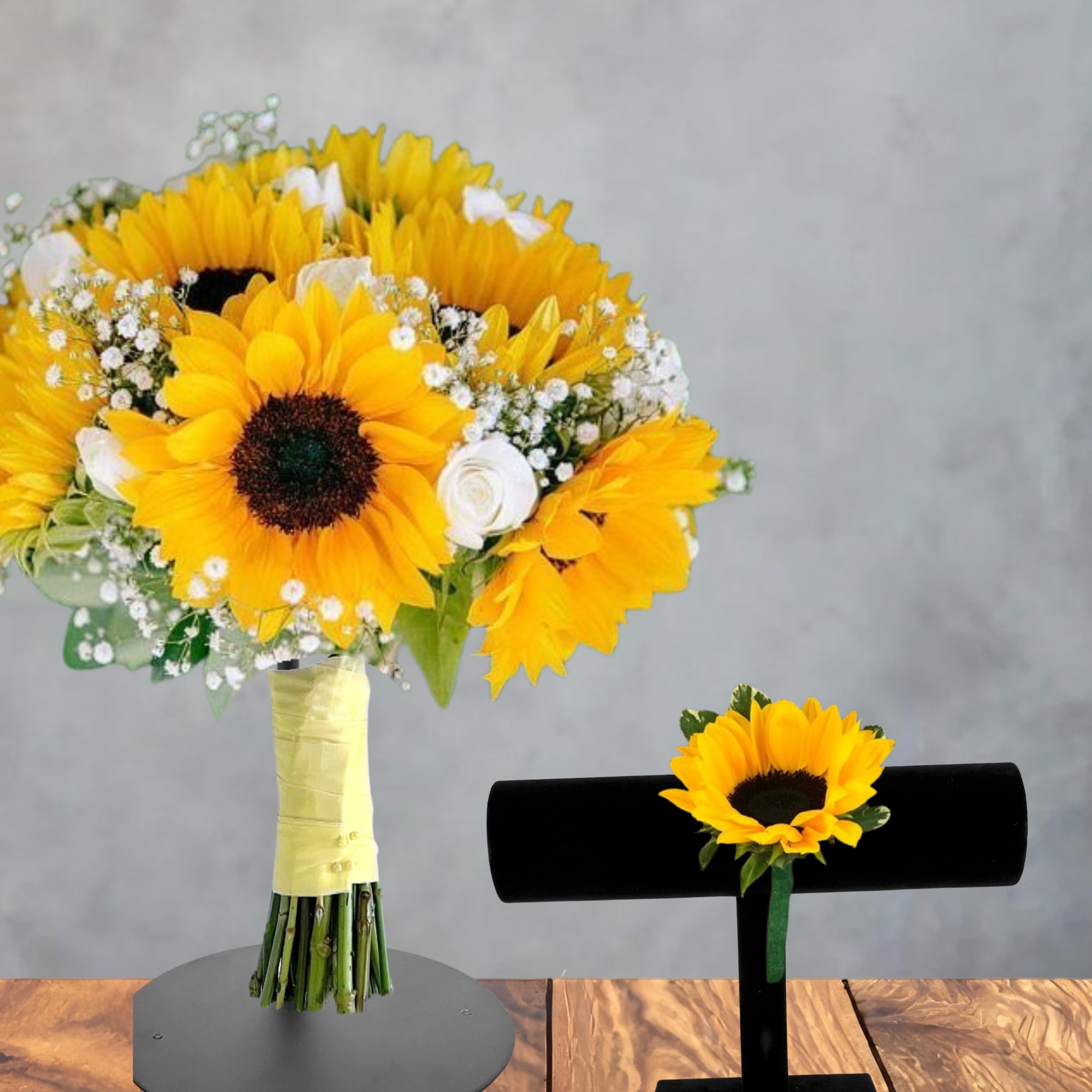 Sunflower bouquet with white filler flowers and a matching boutonniere