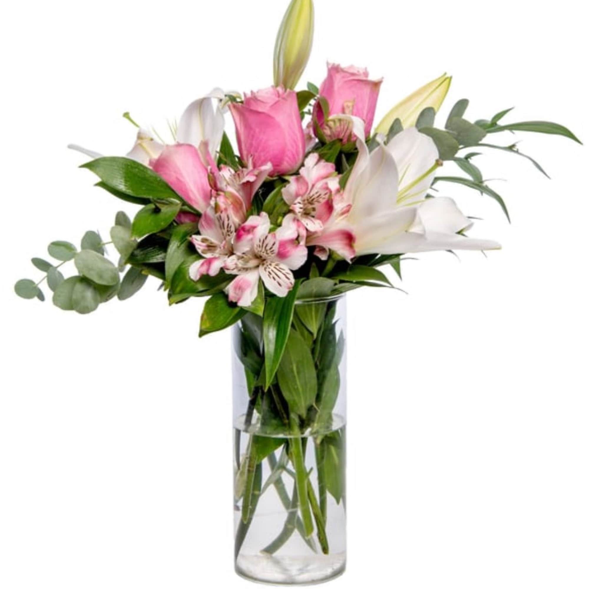 quadrangle beauty consist of lilies, pink roses and alstroemeria