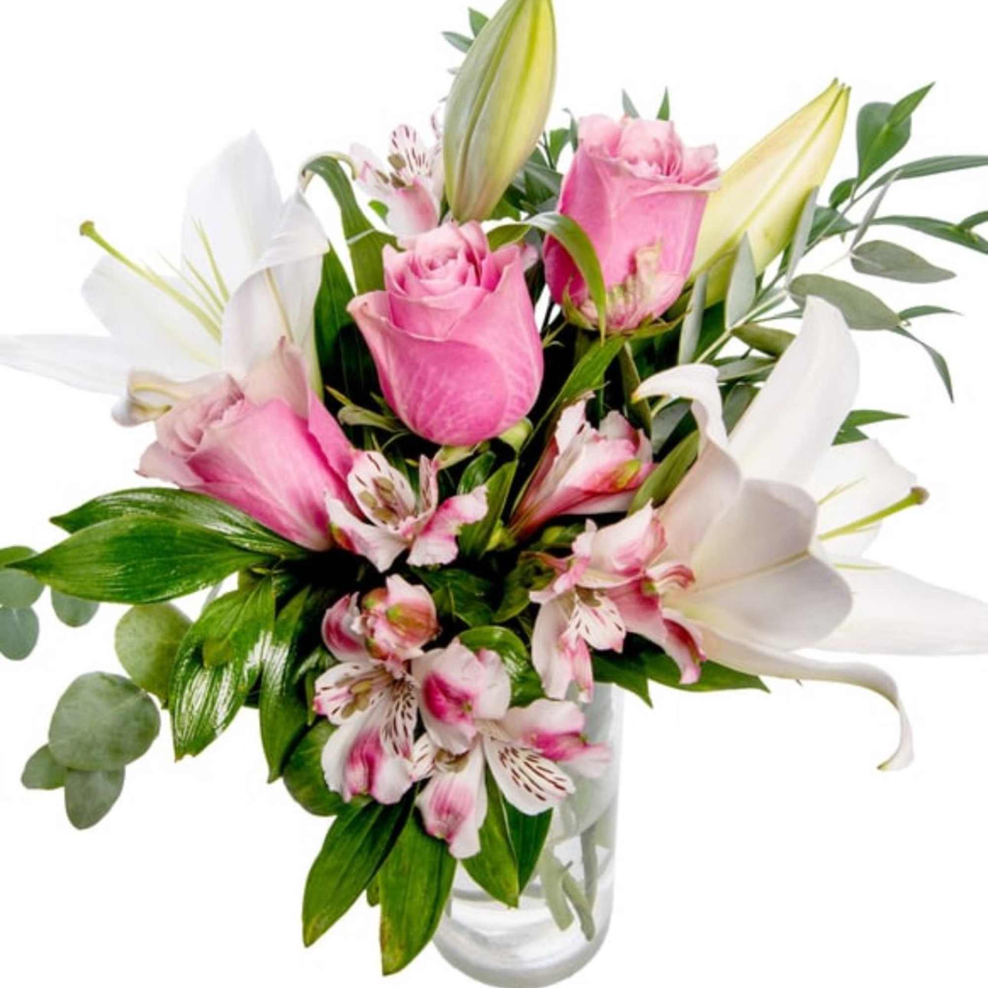 quadrangle beauty consist of lilies, pink roses and alstroemeria, photo 2 of 2