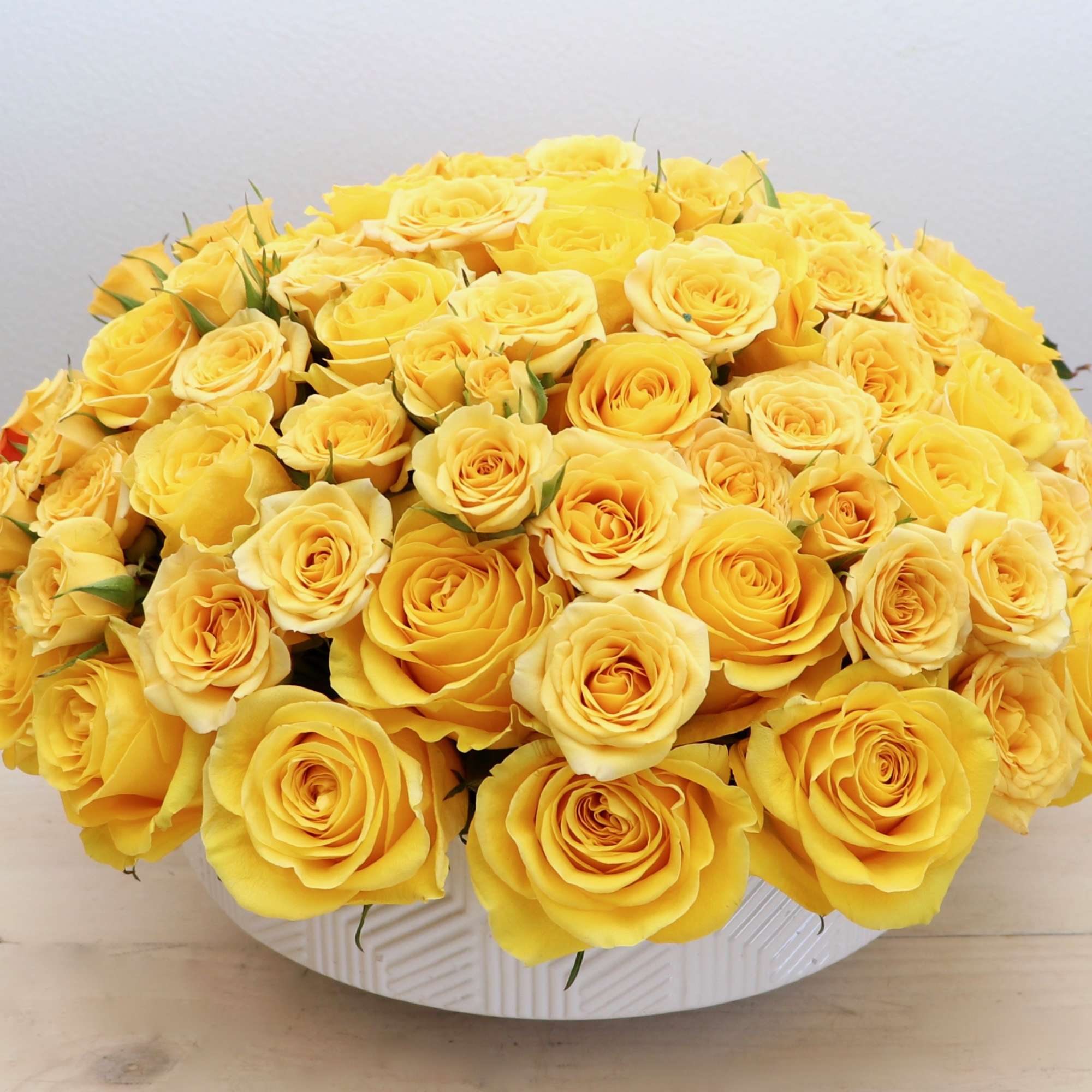 Low dome arrangement of yellow roses tightly clustered in a white bowl.