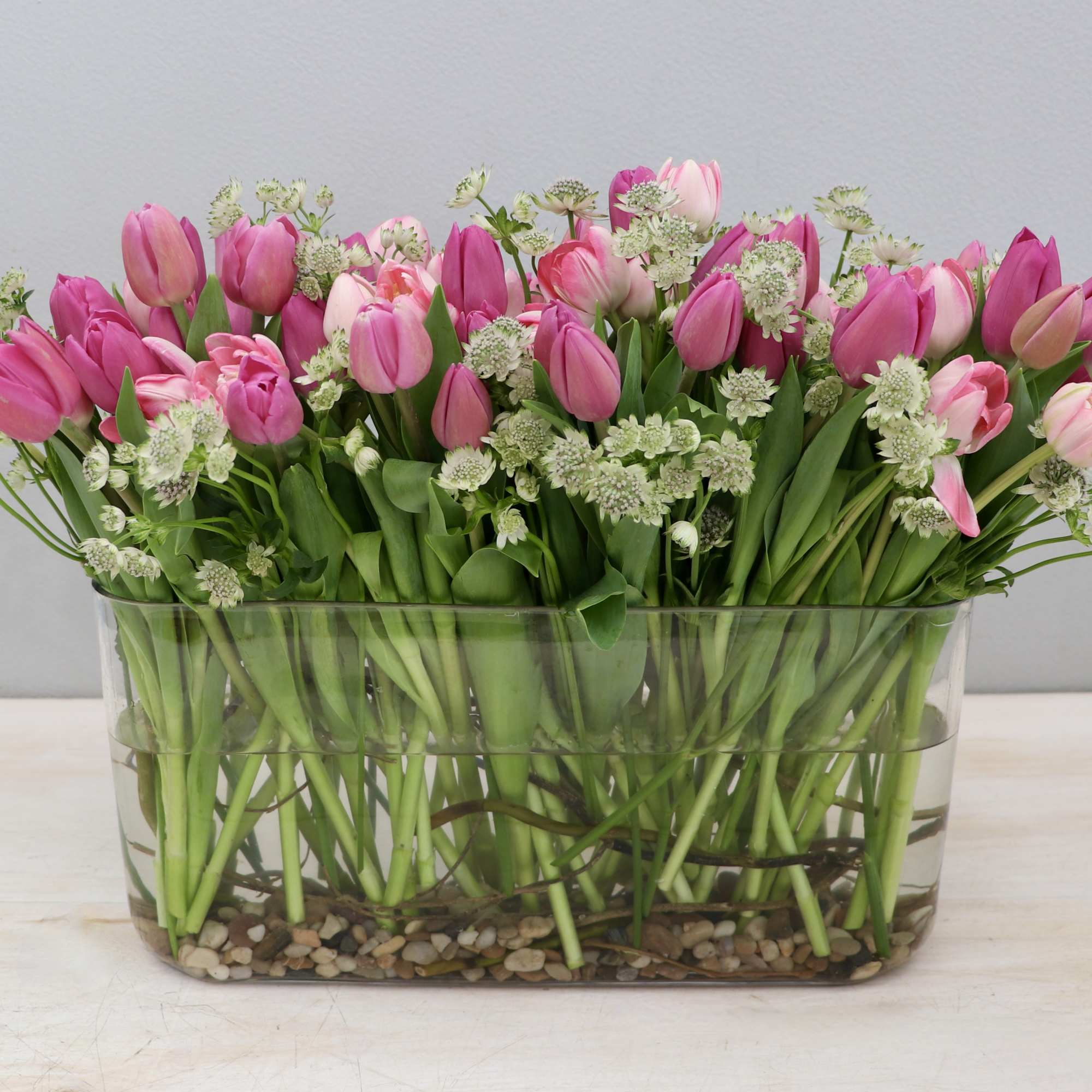 Low glass vase of pink tulips with small white blooms and river rocks at the base.