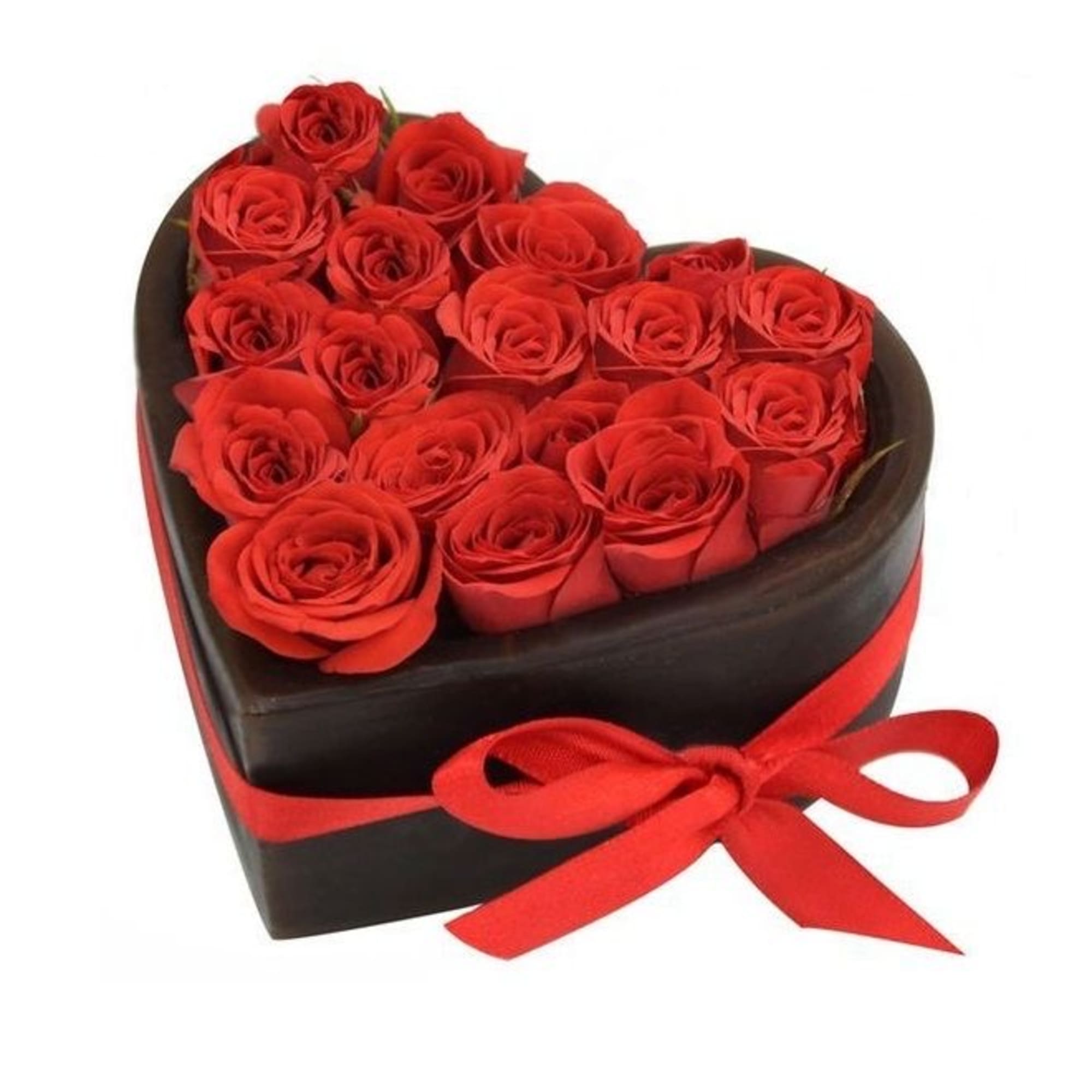 Heart-shaped box filled with red roses and tied with a red ribbon