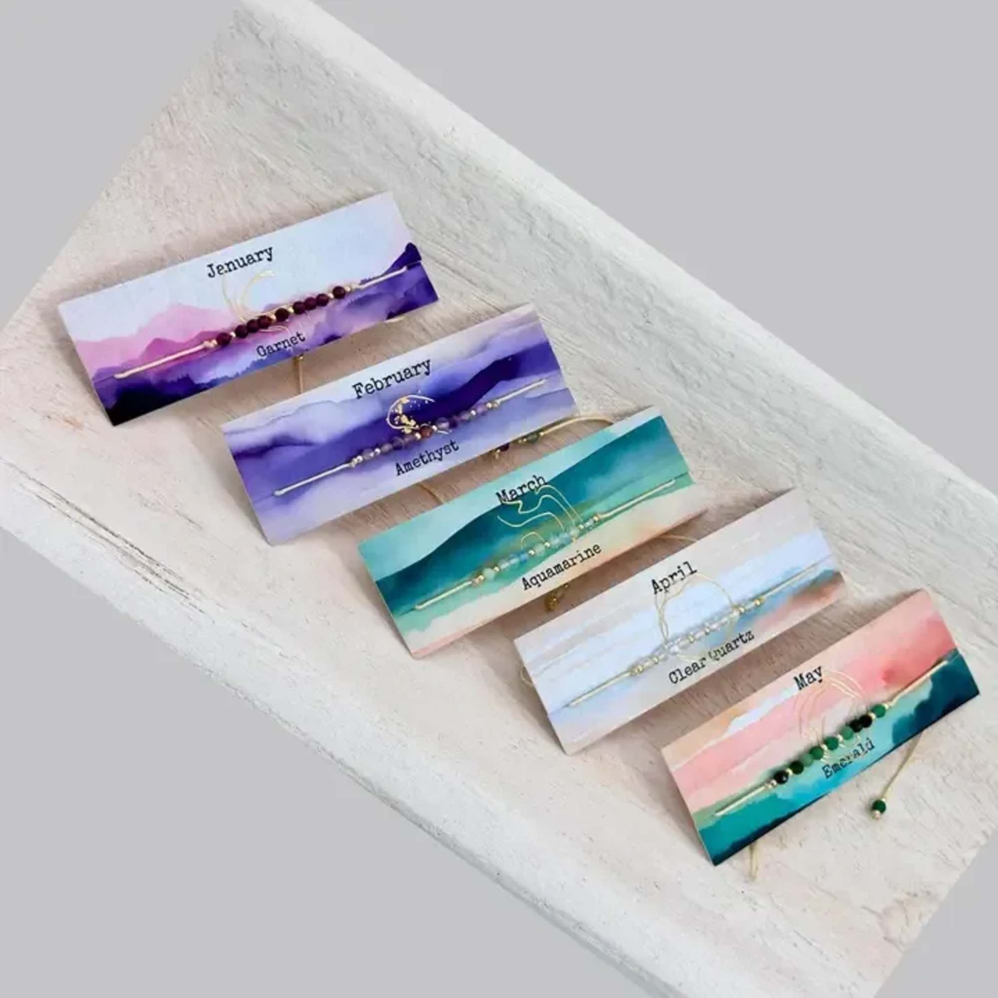 Set of beaded birthstone hair pins on labeled cards