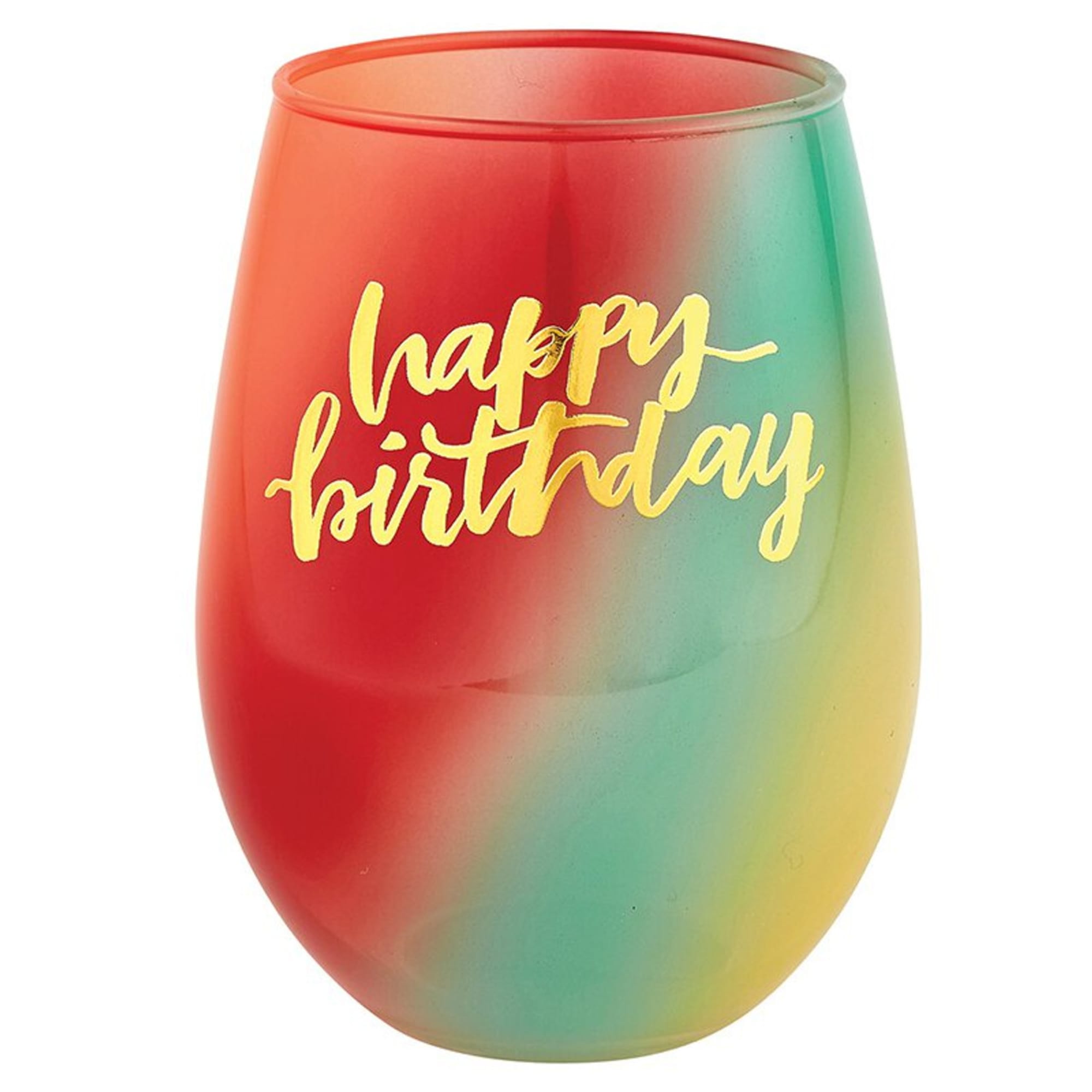 Rainbow-colored stemless wine glass with "happy birthday" text
