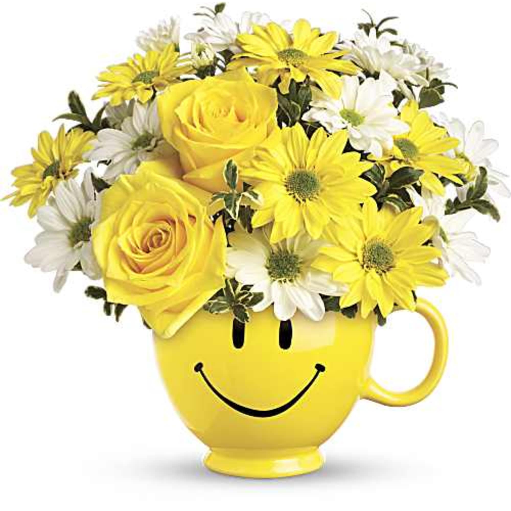 Make someone smile with this cheerful mix of yellow roses, yellow and