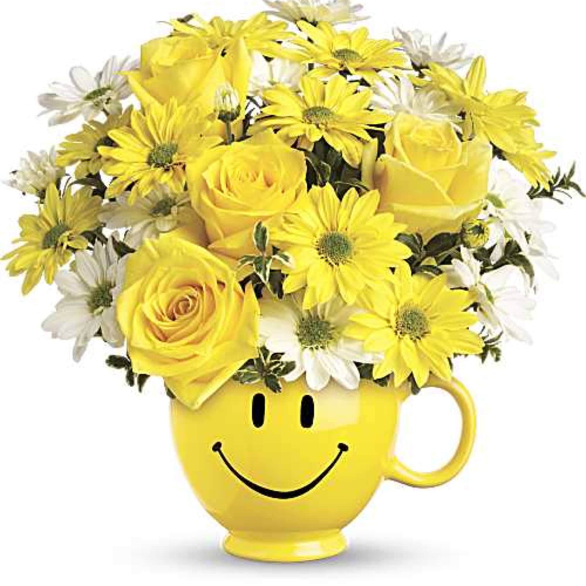 Make someone smile with this cheerful mix of yellow roses, yellow and