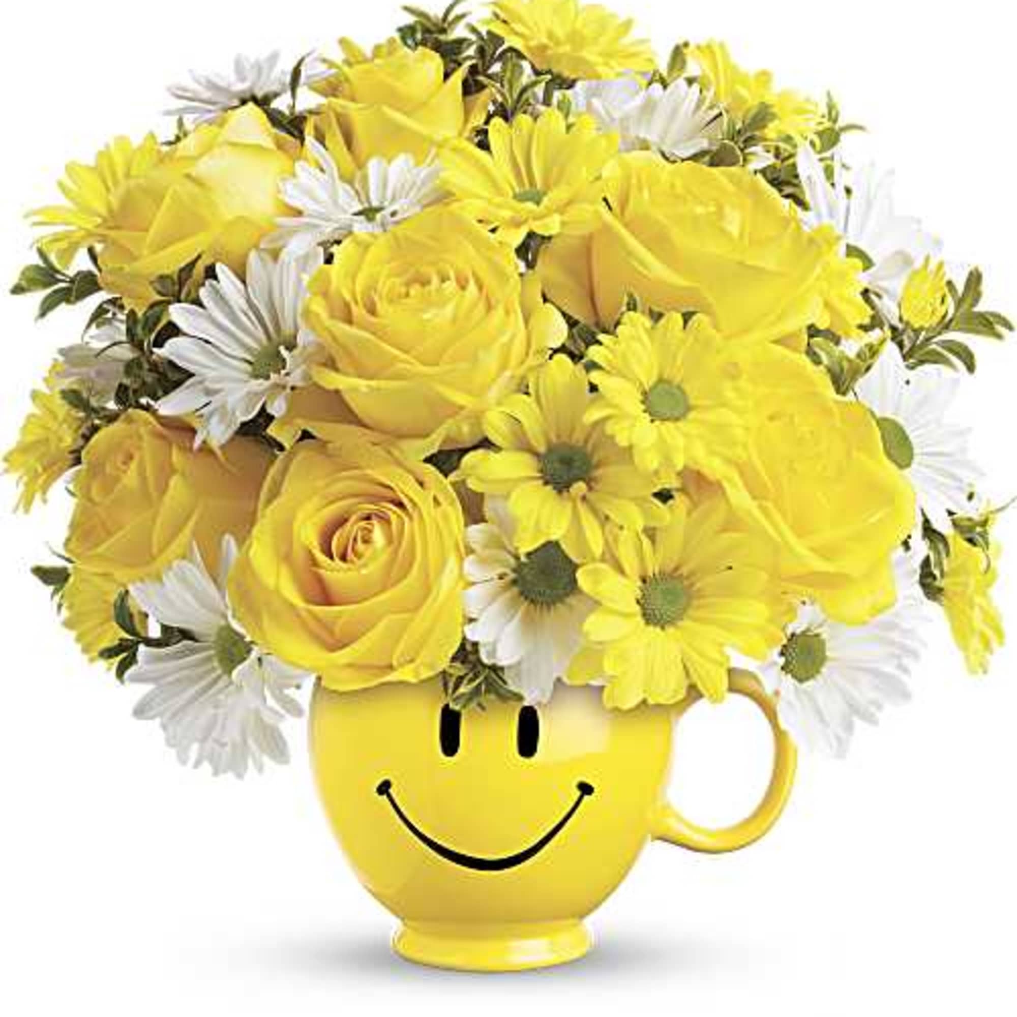 Make someone smile with this cheerful mix of yellow roses, yellow and