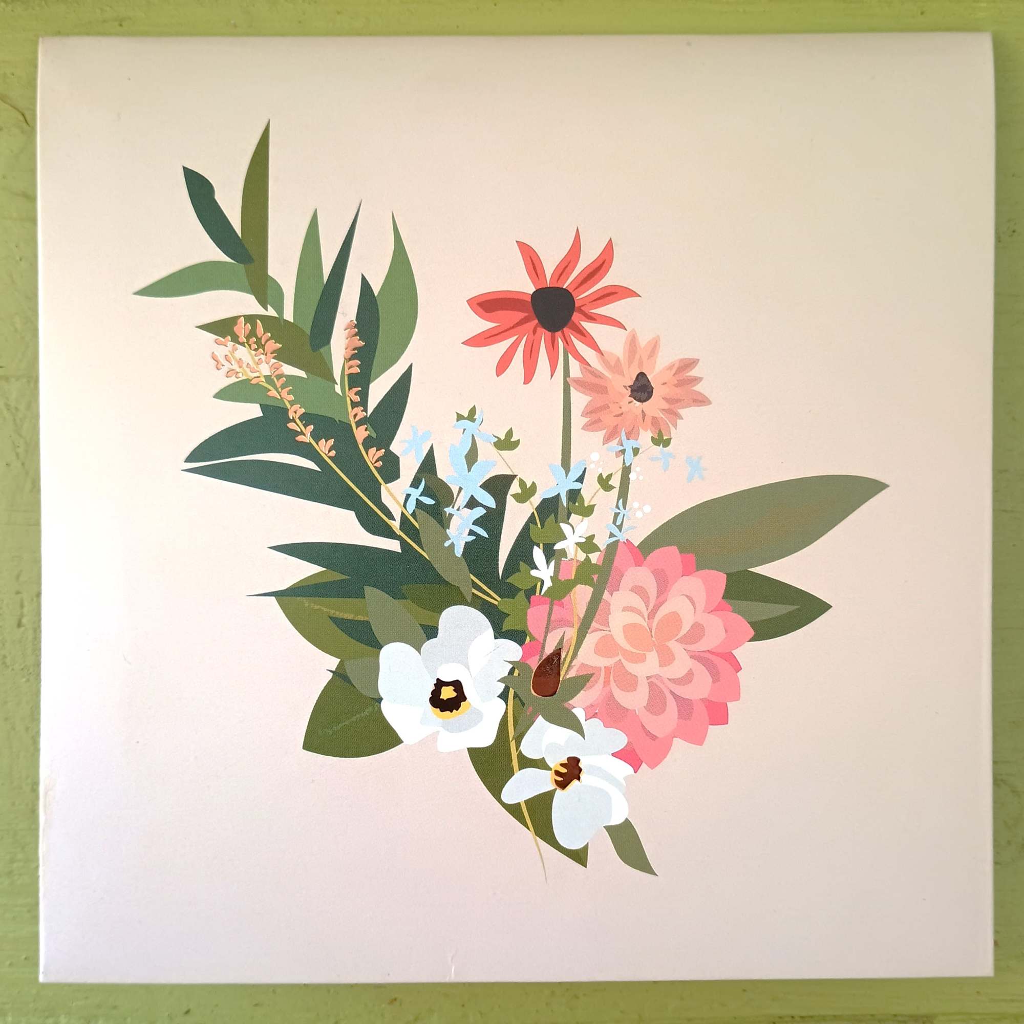 Floral illustration with pink, white, and blue flowers and green leaves