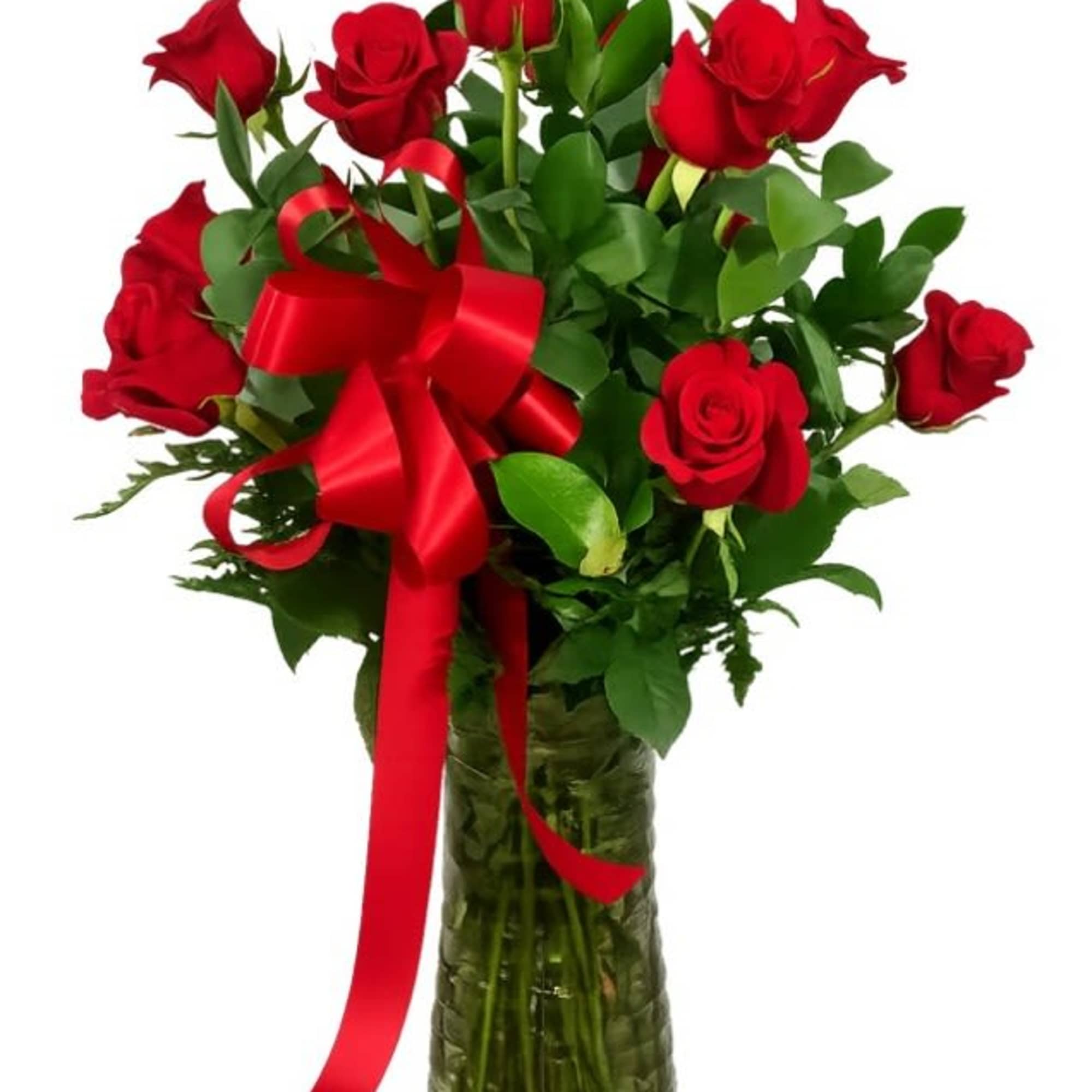 A dozen long-stemmed red roses gathered in a tall clear glass vase