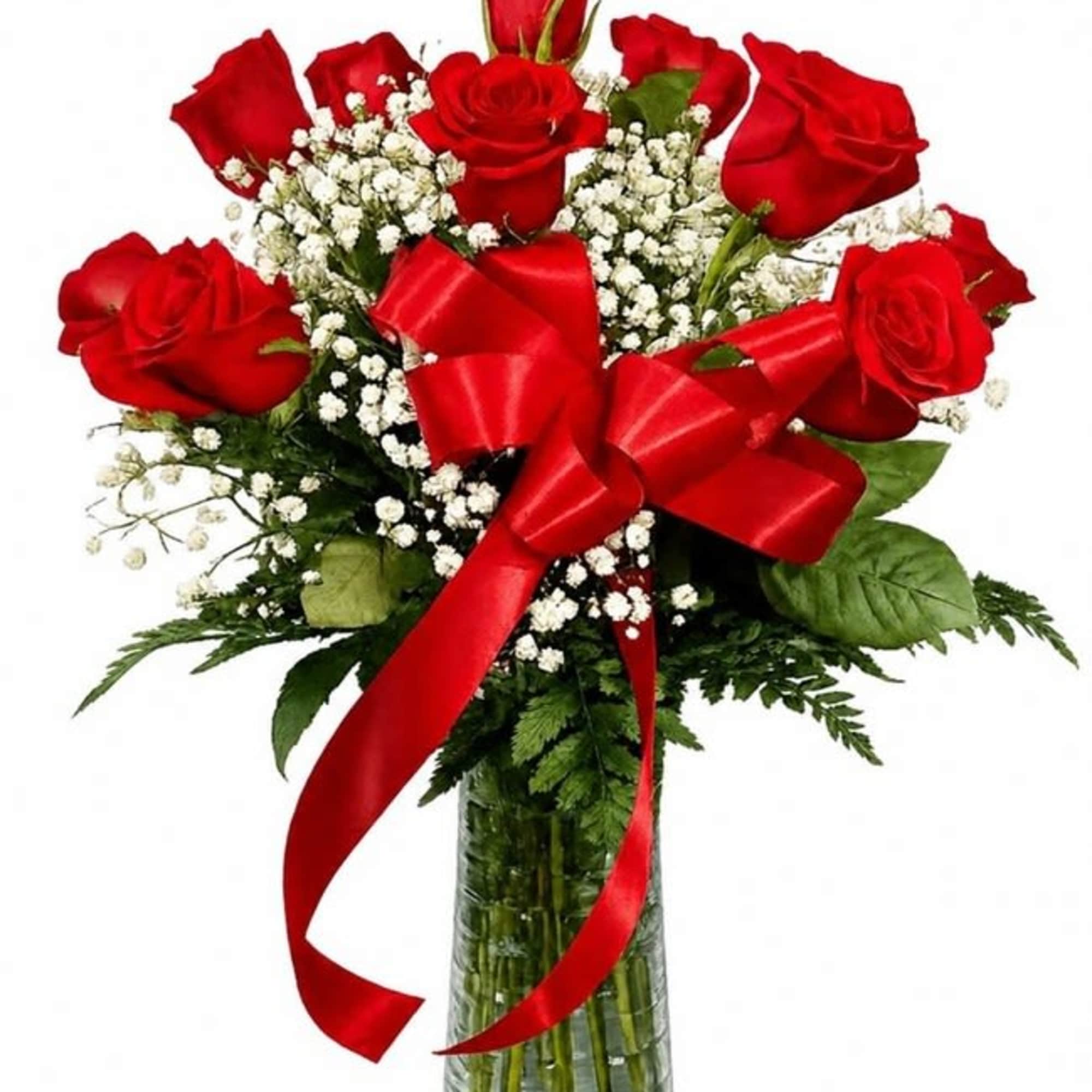 Vivid red long-stemmed roses gathered with cloud-like white baby's breath create a