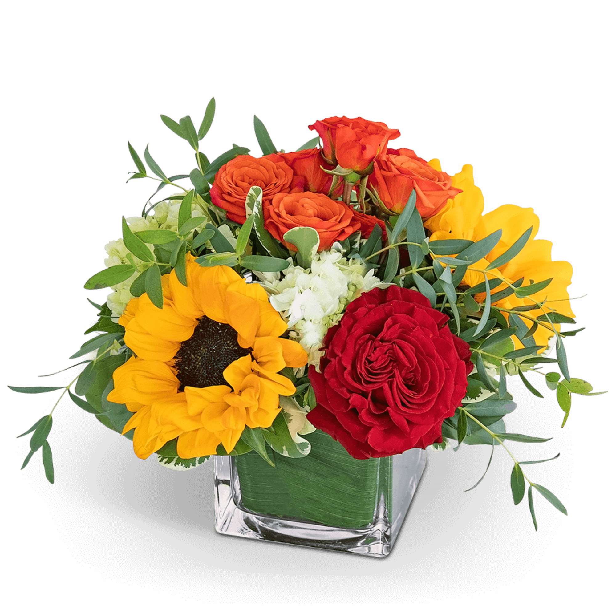 Bouquet of red, orange, and yellow flowers in a square glass vase