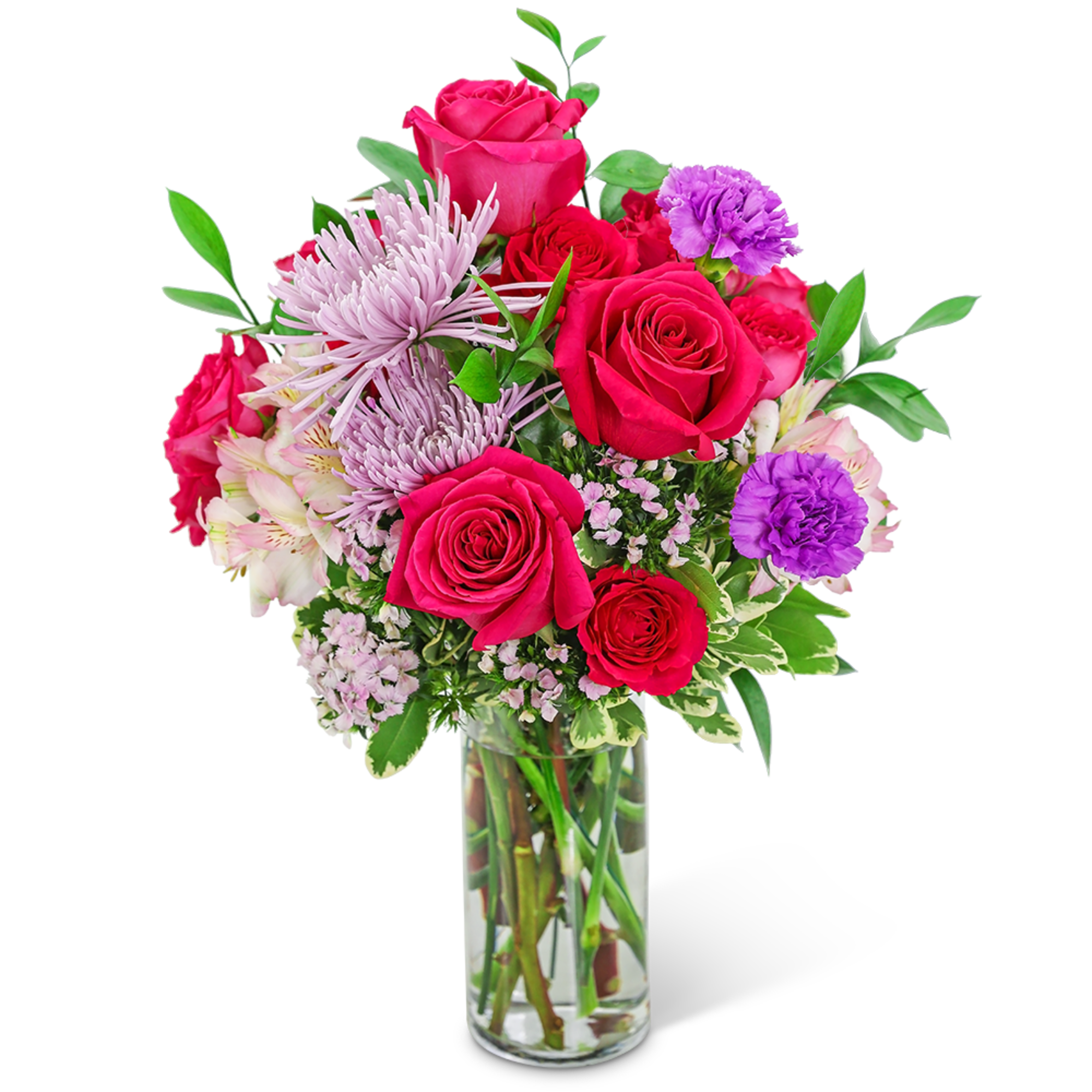 Bouquet of pink and red roses with purple flowers in a clear glass vase