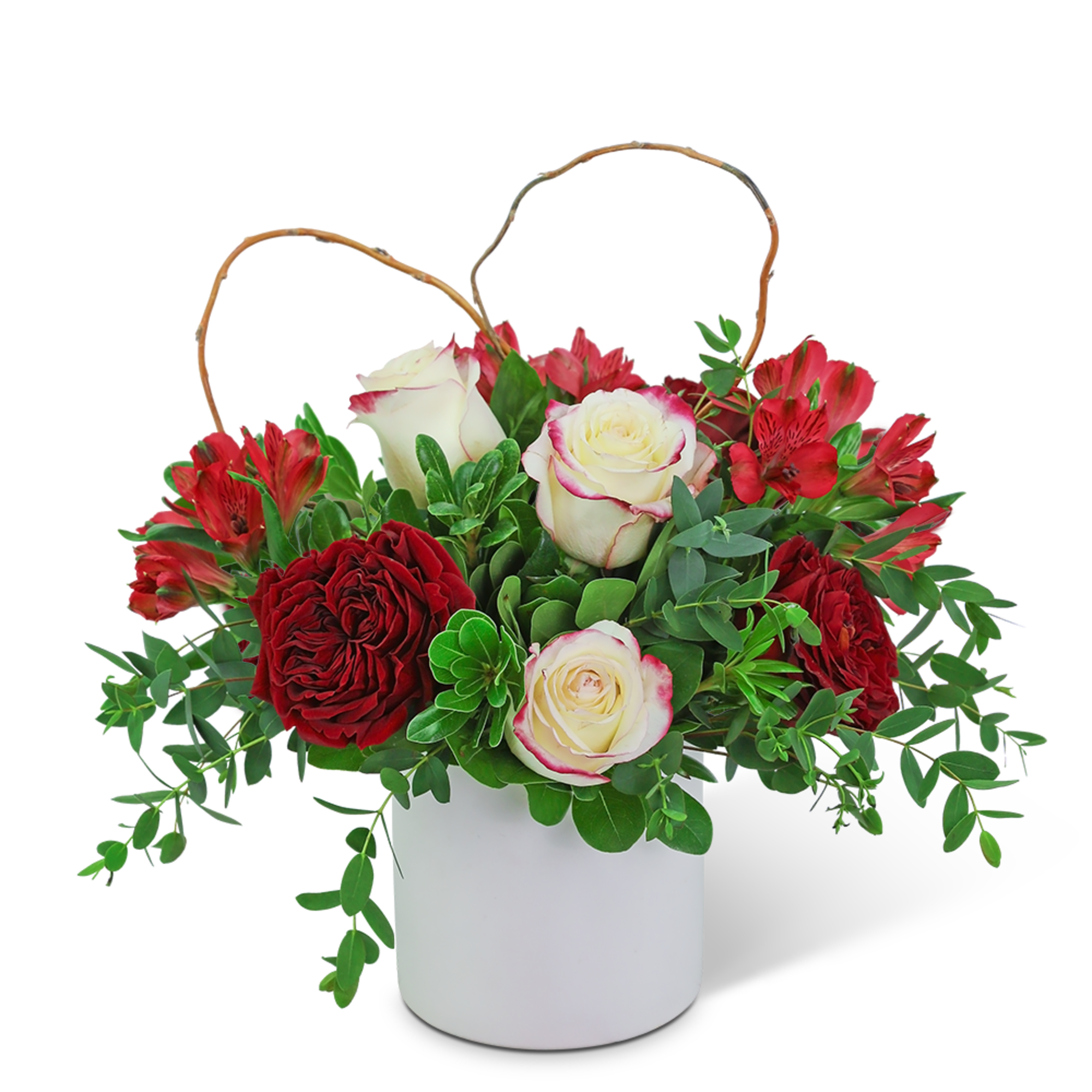 Red and white roses in a white box with a looped handle