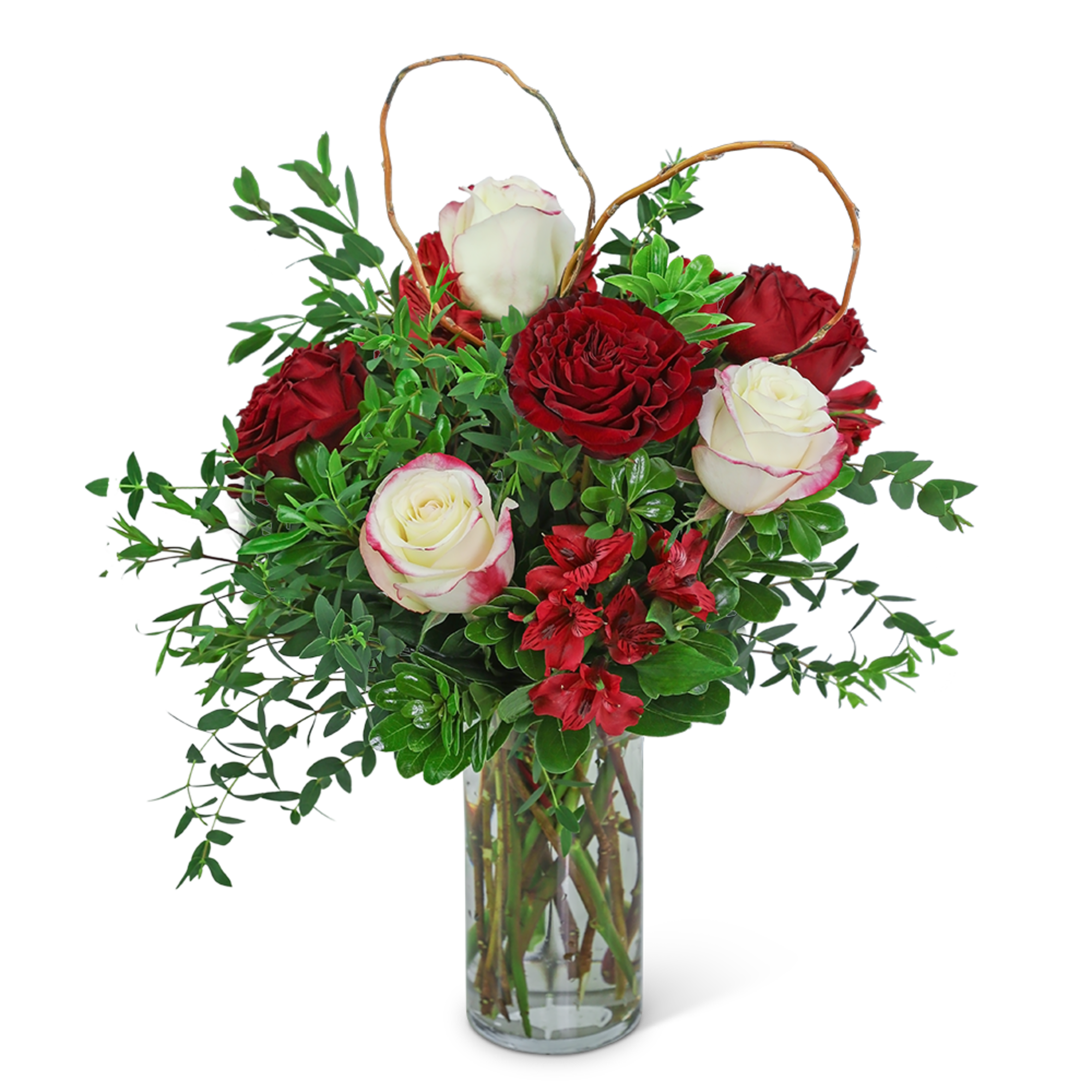 Bouquet of red and white roses in a clear glass vase