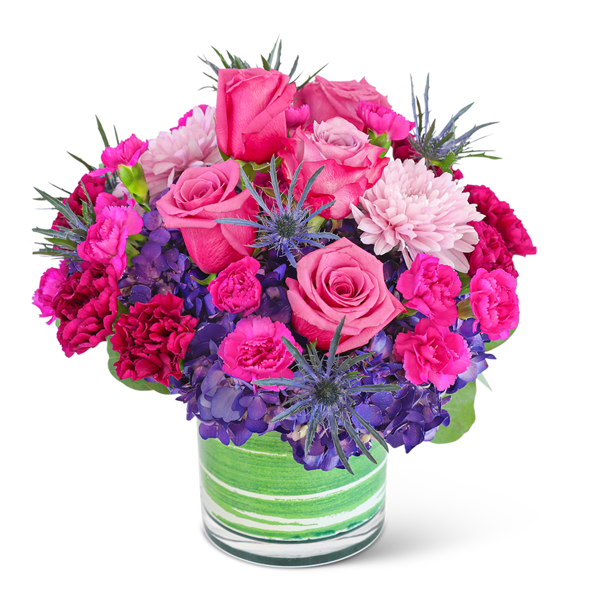 Pink roses and carnations in a green-striped glass vase