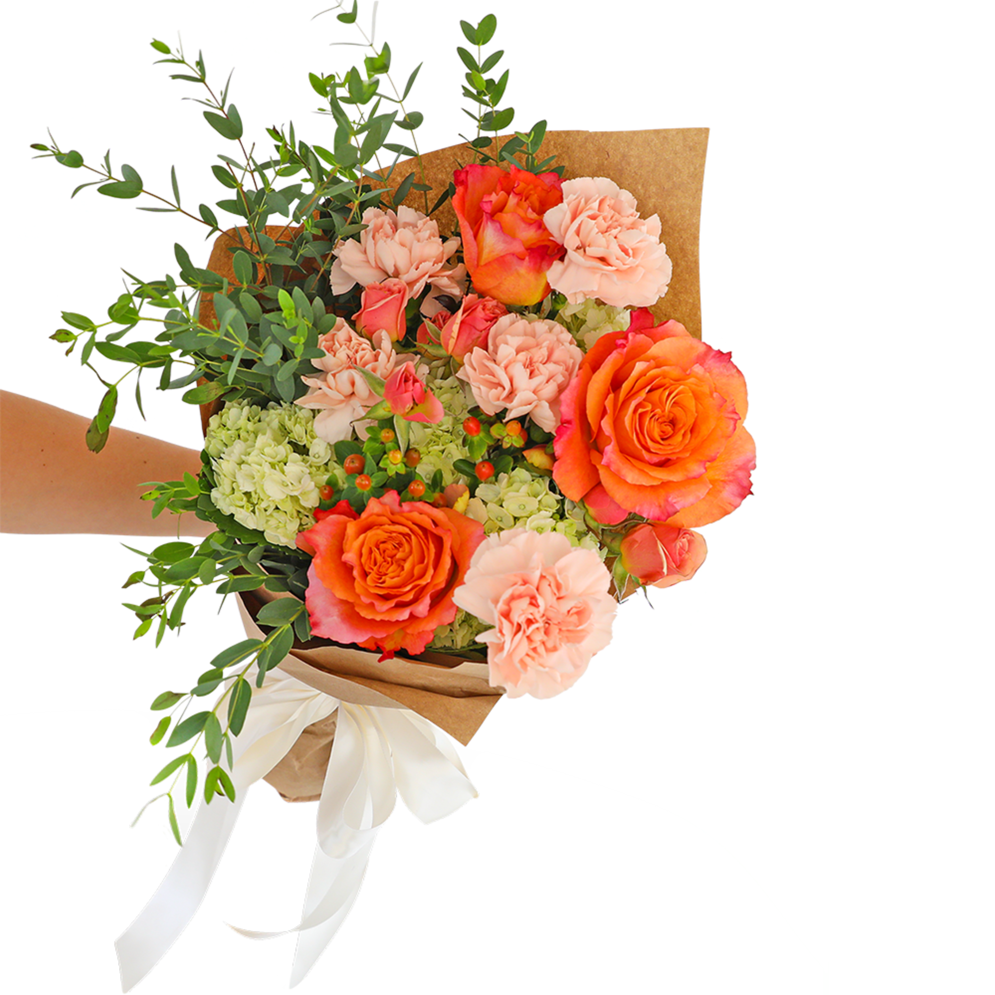 Our Malibu Bouquet features a variety of peach roses, peach carnations, hypericum