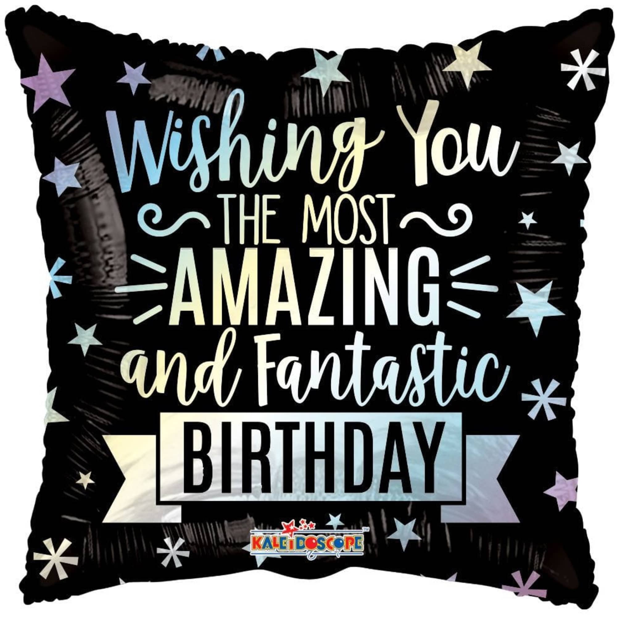 Black birthday balloon with colorful text and star accents