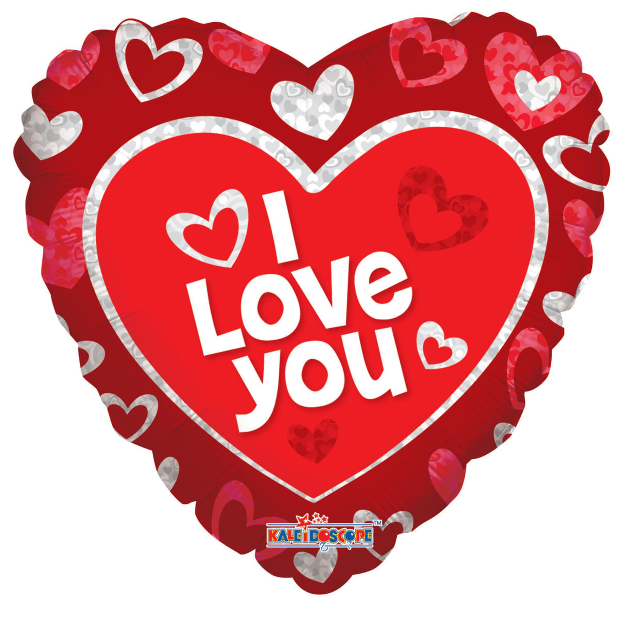Heart-shaped red balloon with "I Love You" text and heart patterns