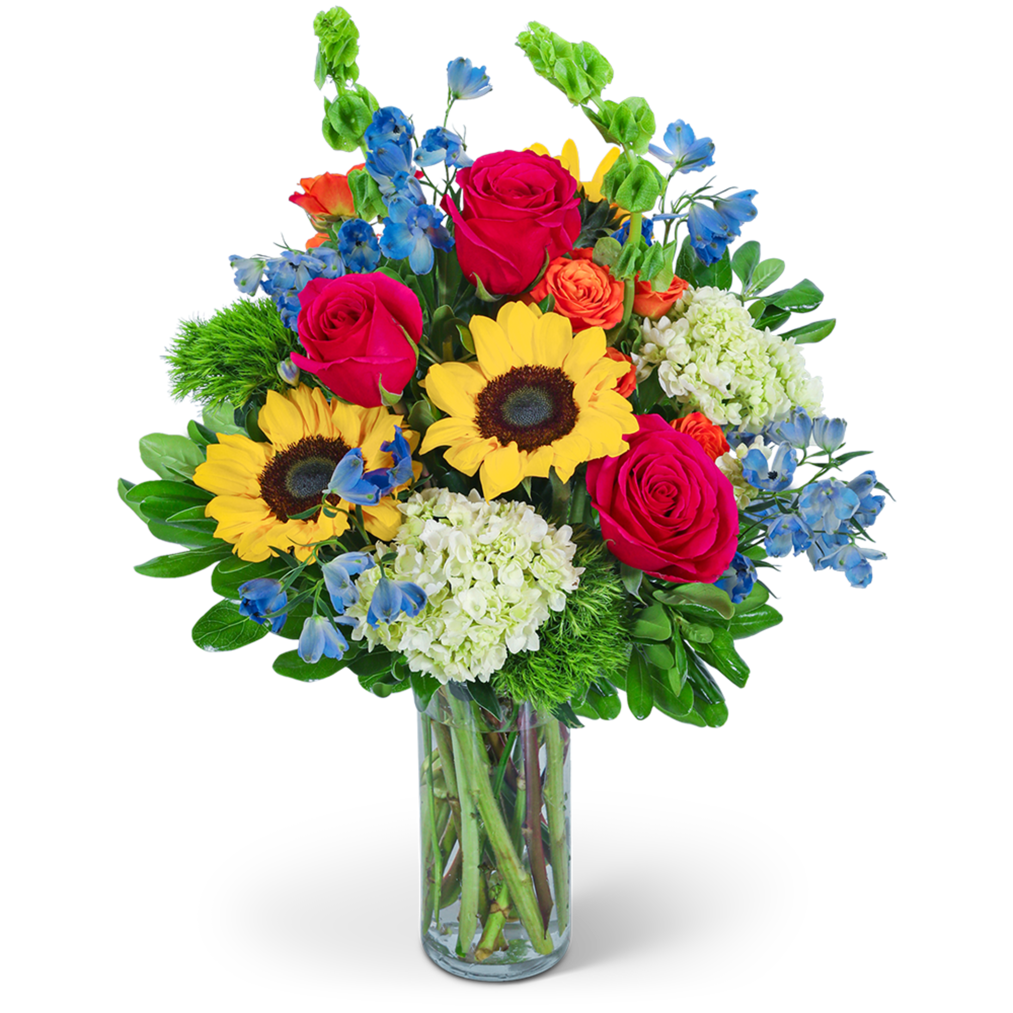 Bouquet of sunflowers, pink roses, blue flowers, and white hydrangeas in a glass vase