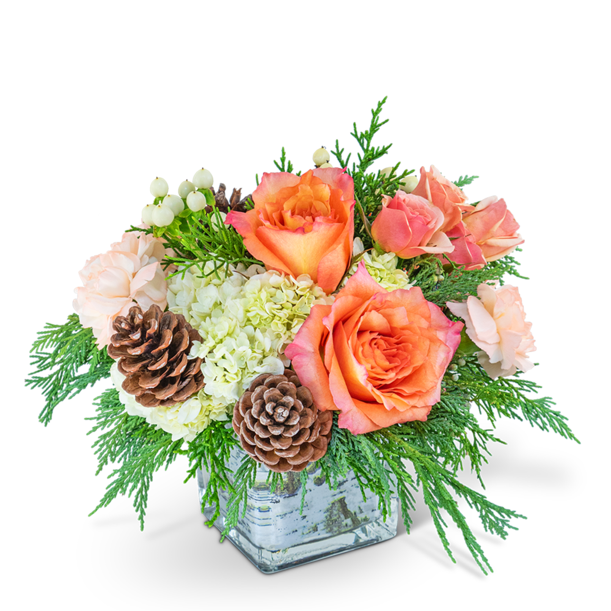 Orange roses and pale flowers in a glass cube vase with pinecones